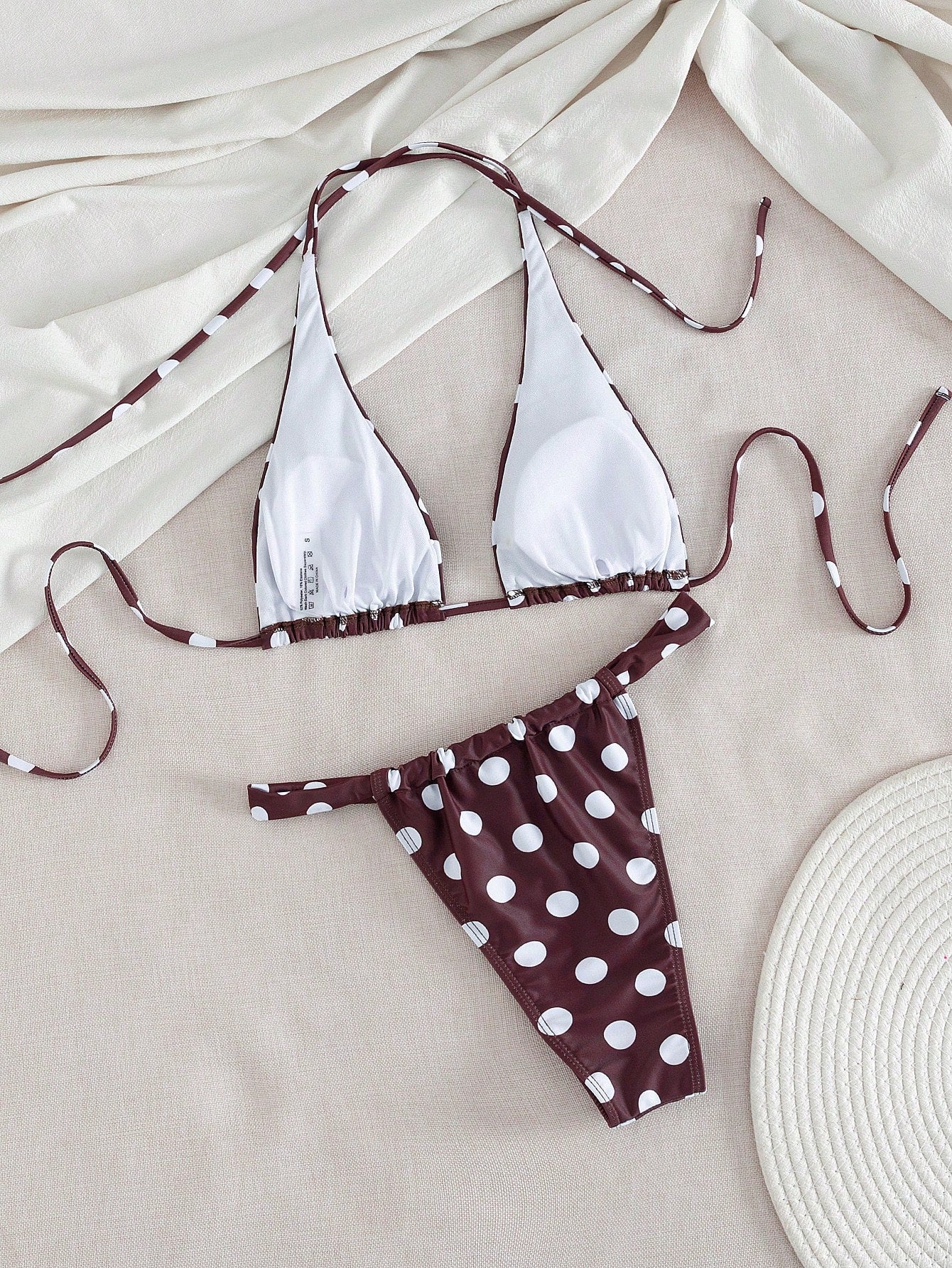 Women's Sexy Blue & Brown Polka Dot Bikini Set, Suitable For Beach,