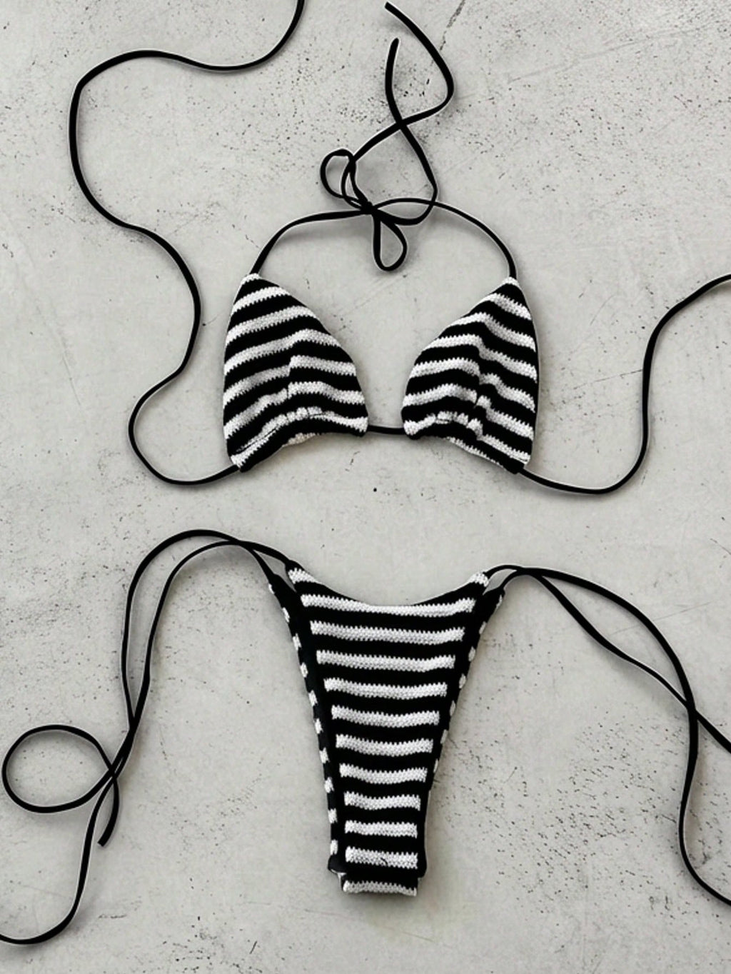 2pcs/Set Women's Sexy Backless Bikini Set, Black & White Striped Triangle Top With Halter Neck Design,