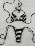 2pcs/Set Women's Sexy Backless Bikini Set, Black & White Striped Triangle Top With Halter Neck Design,