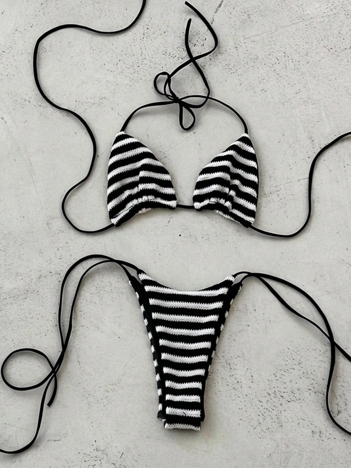 2pcs/Set Women's Sexy Backless Bikini Set, Black & White Striped Triangle Top With Halter Neck Design,