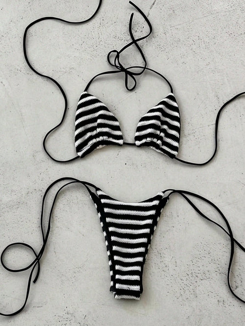 2pcs/Set Women's Sexy Backless Bikini Set, Black & White Striped Triangle Top With Halter Neck Design,