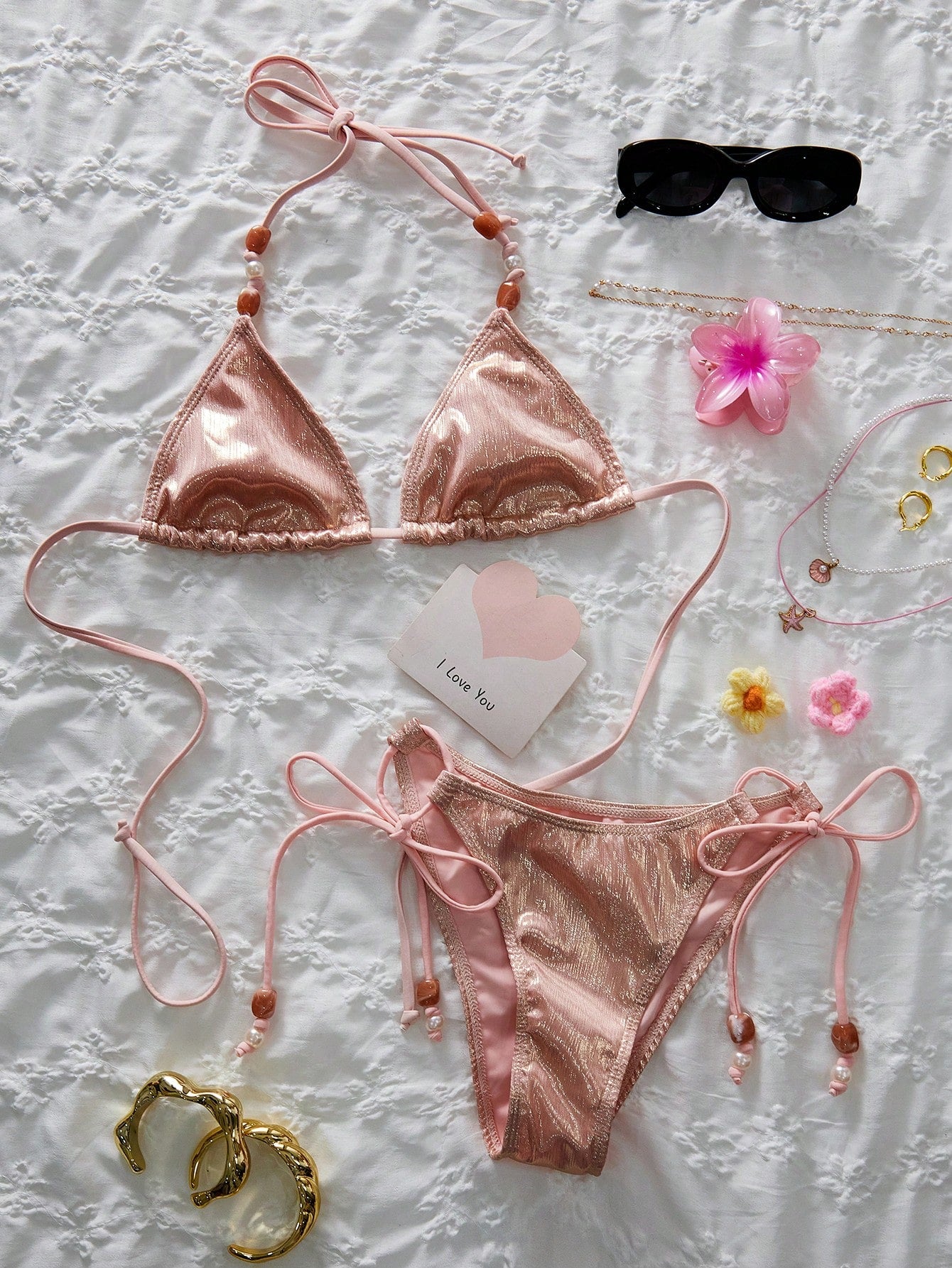 Women's Spring/Summer New Metallic Fabric Beaded Sexy Sweet 3-Piece