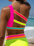 popvil Women's Colorblock One-Shoulder Bikini Set, Suitable For