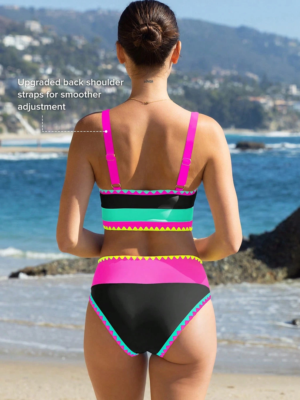 popvil Women Sporty Color-Blocked Shell Trim Bikini Three Pieces Set