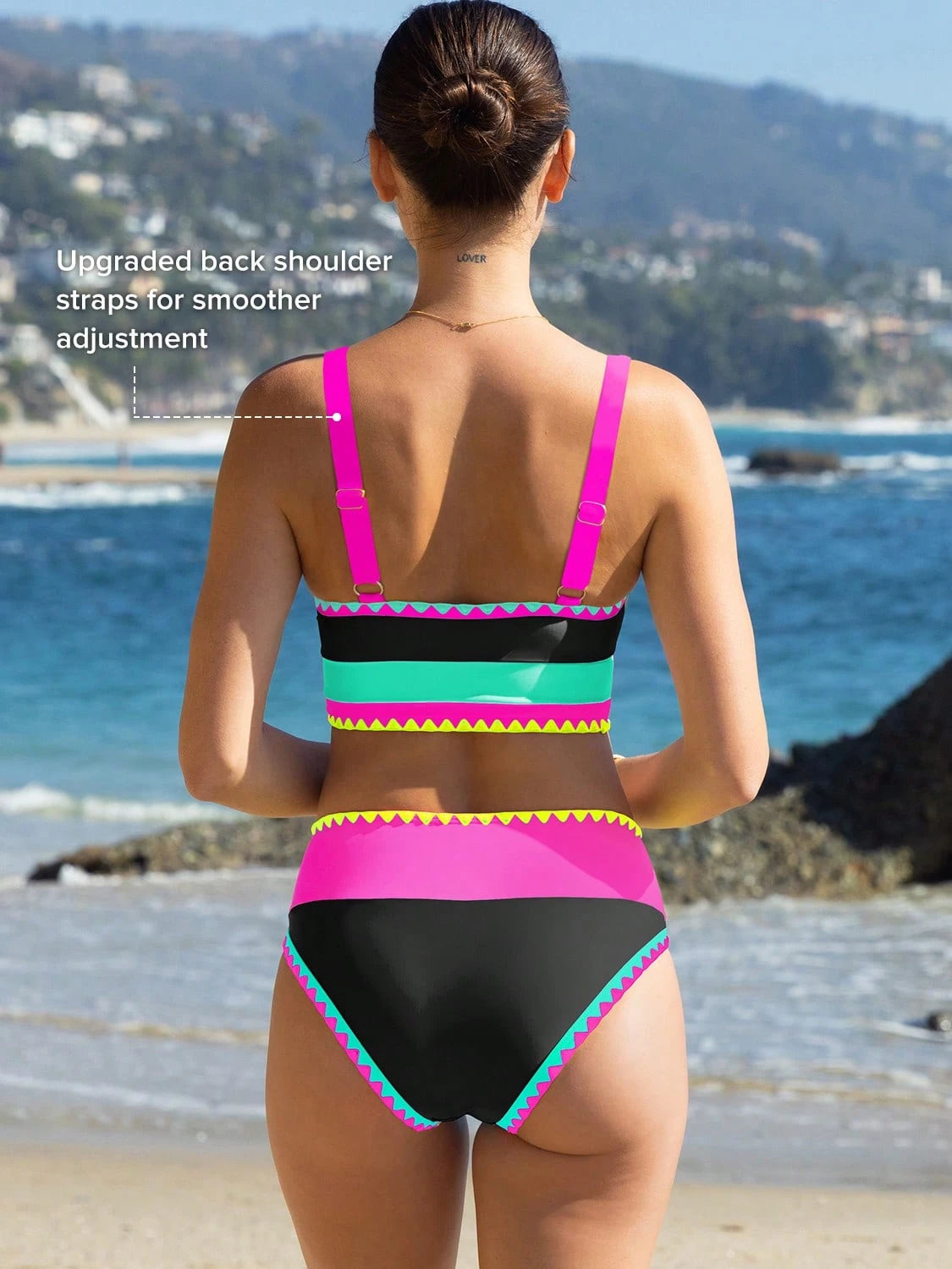 popvil Women Sporty Color-Blocked Shell Trim Bikini Three Pieces Set