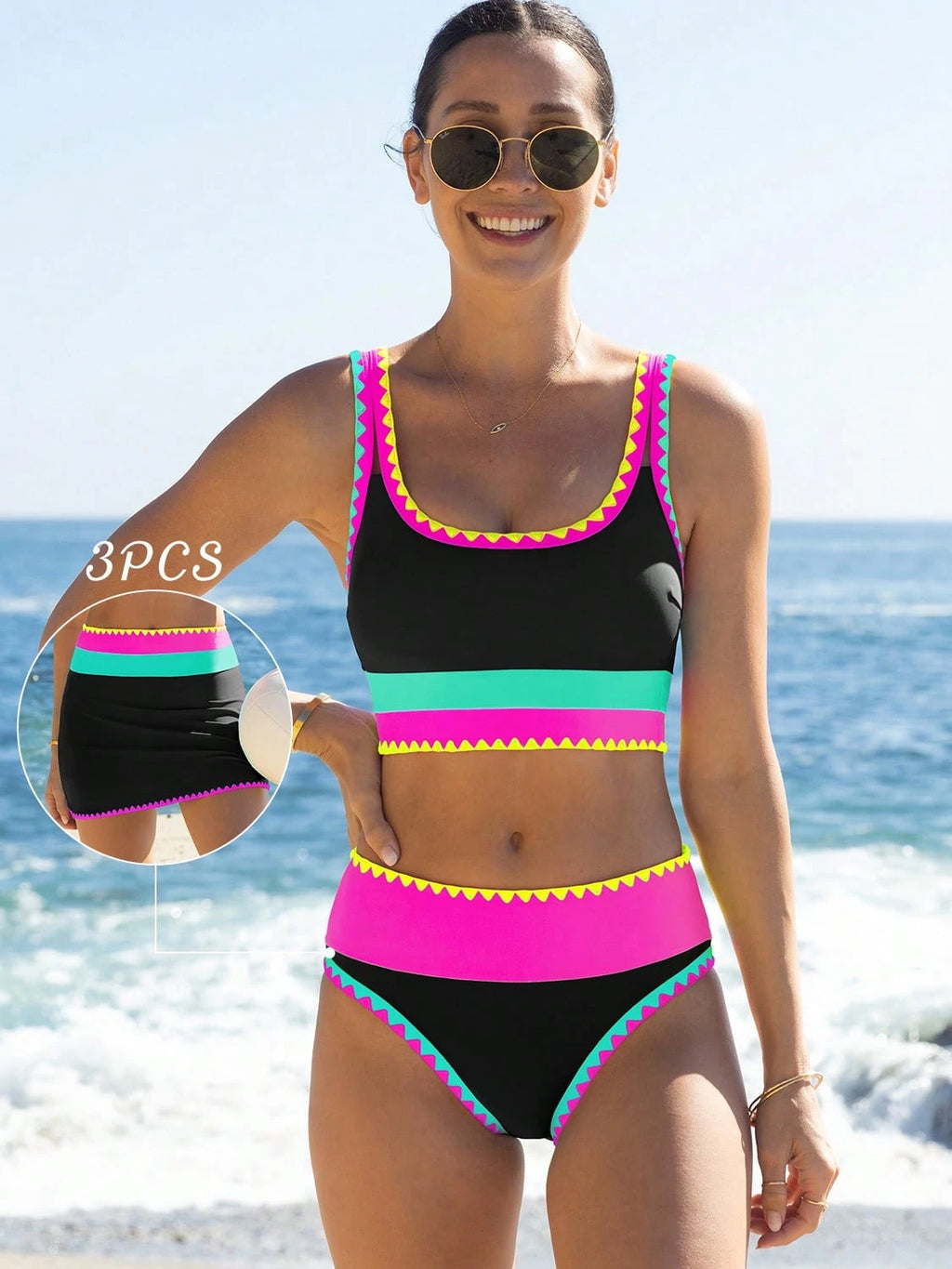 popvil Women Sporty Color-Blocked Shell Trim Bikini Three Pieces Set