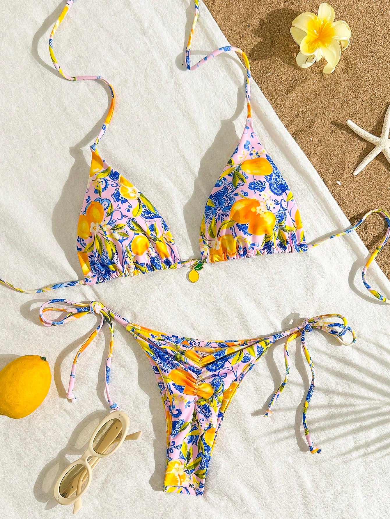 2pcs Lemon Print Bikini Set, Tie Design With Lemon Pendant Decor, Suitable For Beach Vacation, Pool Party And - image 10
