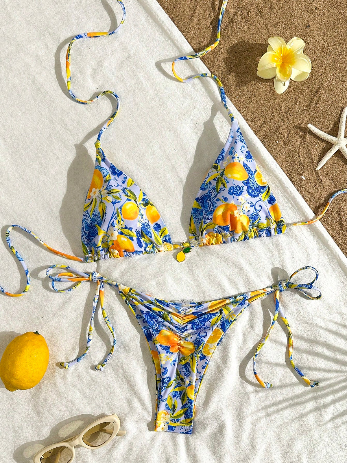 2pcs Lemon Print Bikini Set, Tie Design With Lemon Pendant Decor, Suitable For Beach Vacation, Pool Party And - image 11