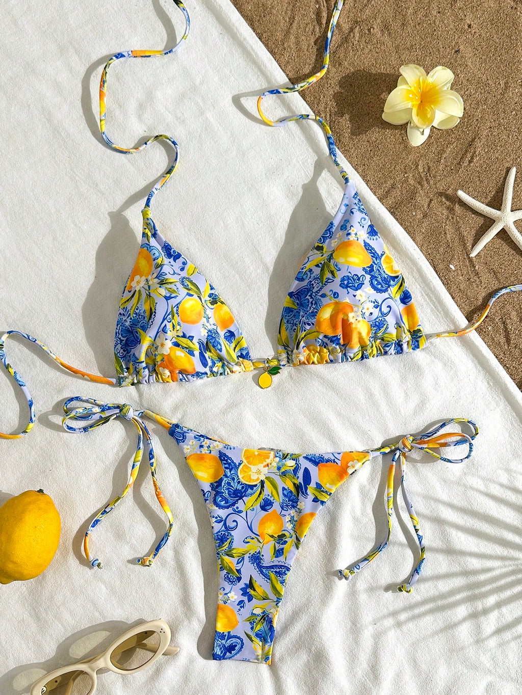 2pcs Lemon Print Bikini Set, Tie Design With Lemon Pendant Decor, Suitable For Beach Vacation, Pool Party And - image 12