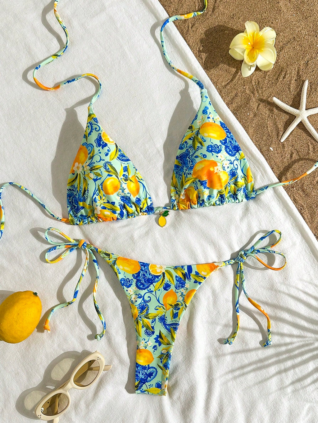 2pcs Lemon Print Bikini Set, Tie Design With Lemon Pendant Decor, Suitable For Beach Vacation, Pool Party And - image 19
