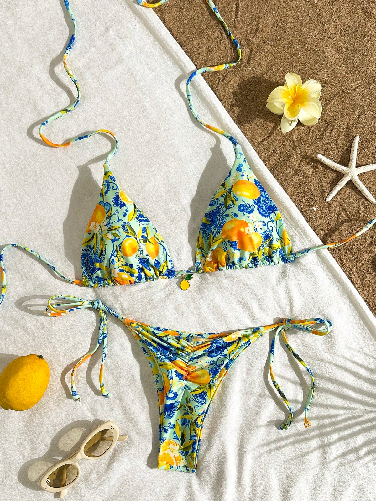 2pcs Lemon Print Bikini Set, Tie Design With Lemon Pendant Decor, Suitable For Beach Vacation, Pool Party And - image 18