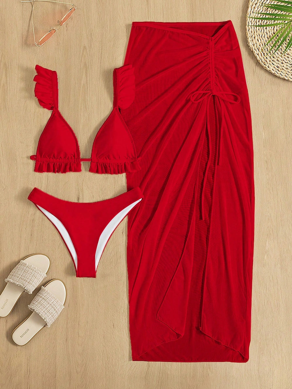 Swim SXY 2026 Women Summer Beach Solid Color Patchwork Ruffle Sexy Bikini Set Wi