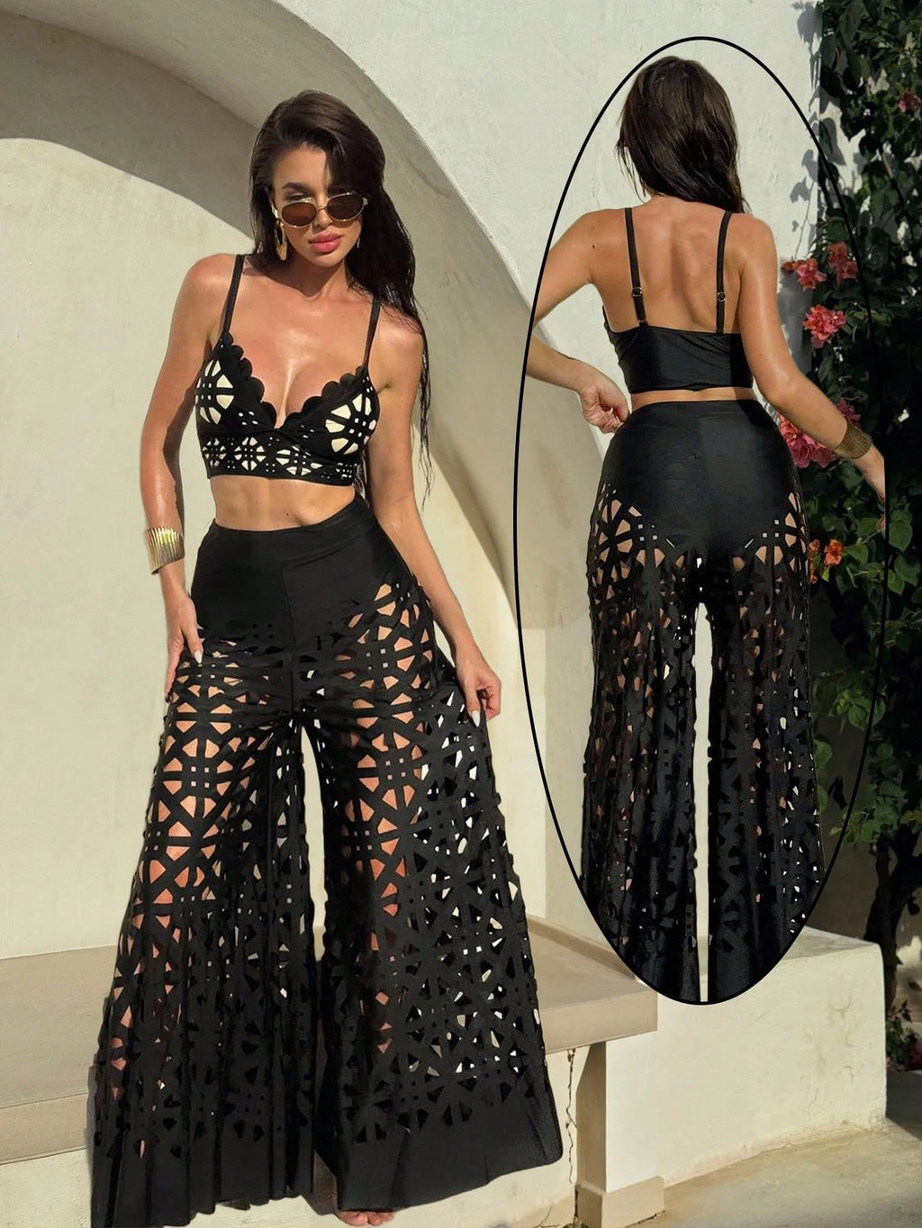 Swim Oasis 3pcs Women's Summer New Solid Color Tankini Top, High Waist Swimwear Bottom, Hollow Out Long Beach - image 2