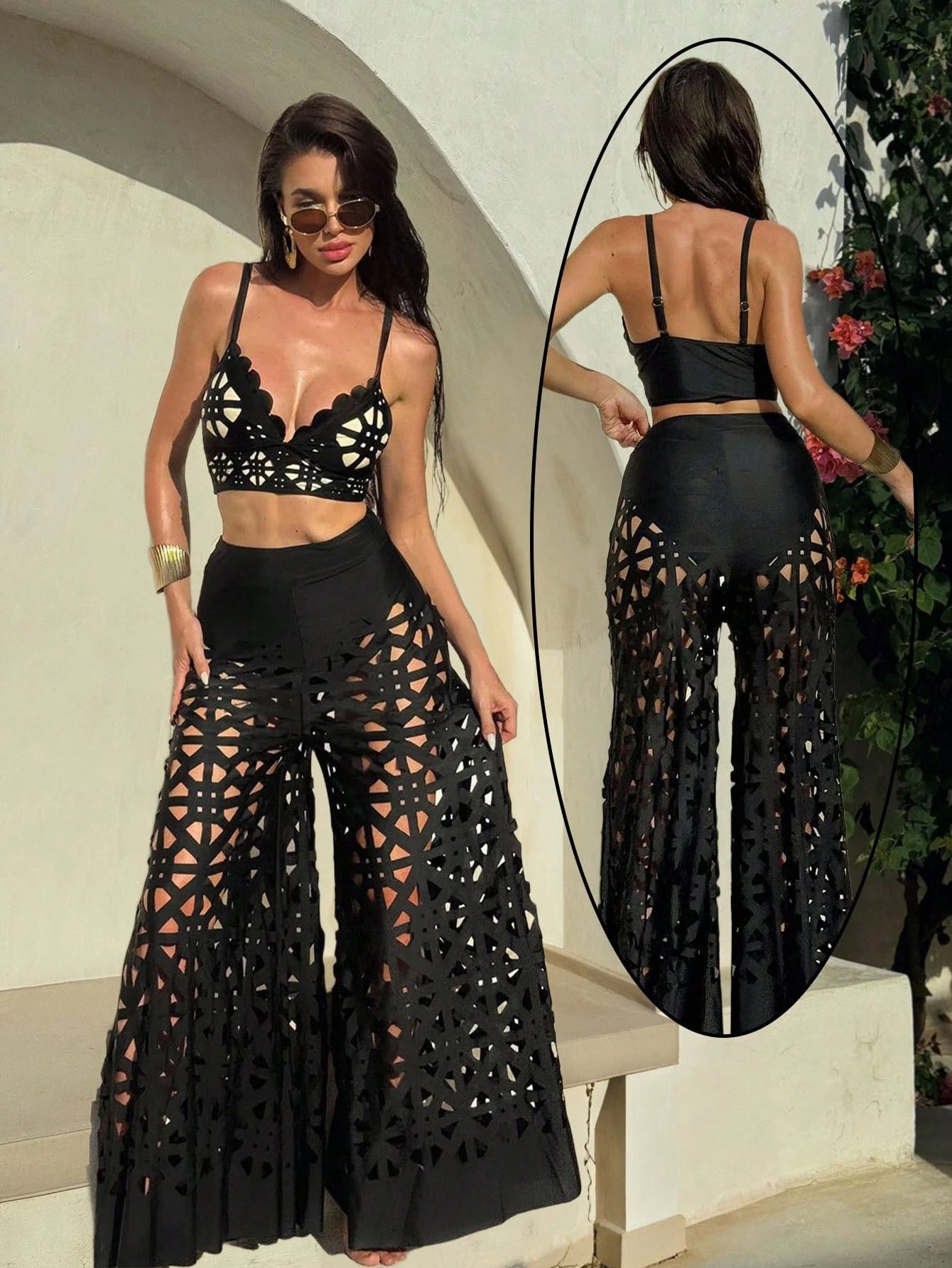 Swim Oasis 3pcs Women's Summer New Solid Color Tankini Top, High Waist Swimwear Bottom, Hollow Out Long Beach - image 2