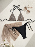 Swim Vcay 3pcs/Set Spaghetti Strap Halter Bikini,Beaded Sequin Fabric,Tie Side Swim Bottoms,Mini Skirt
