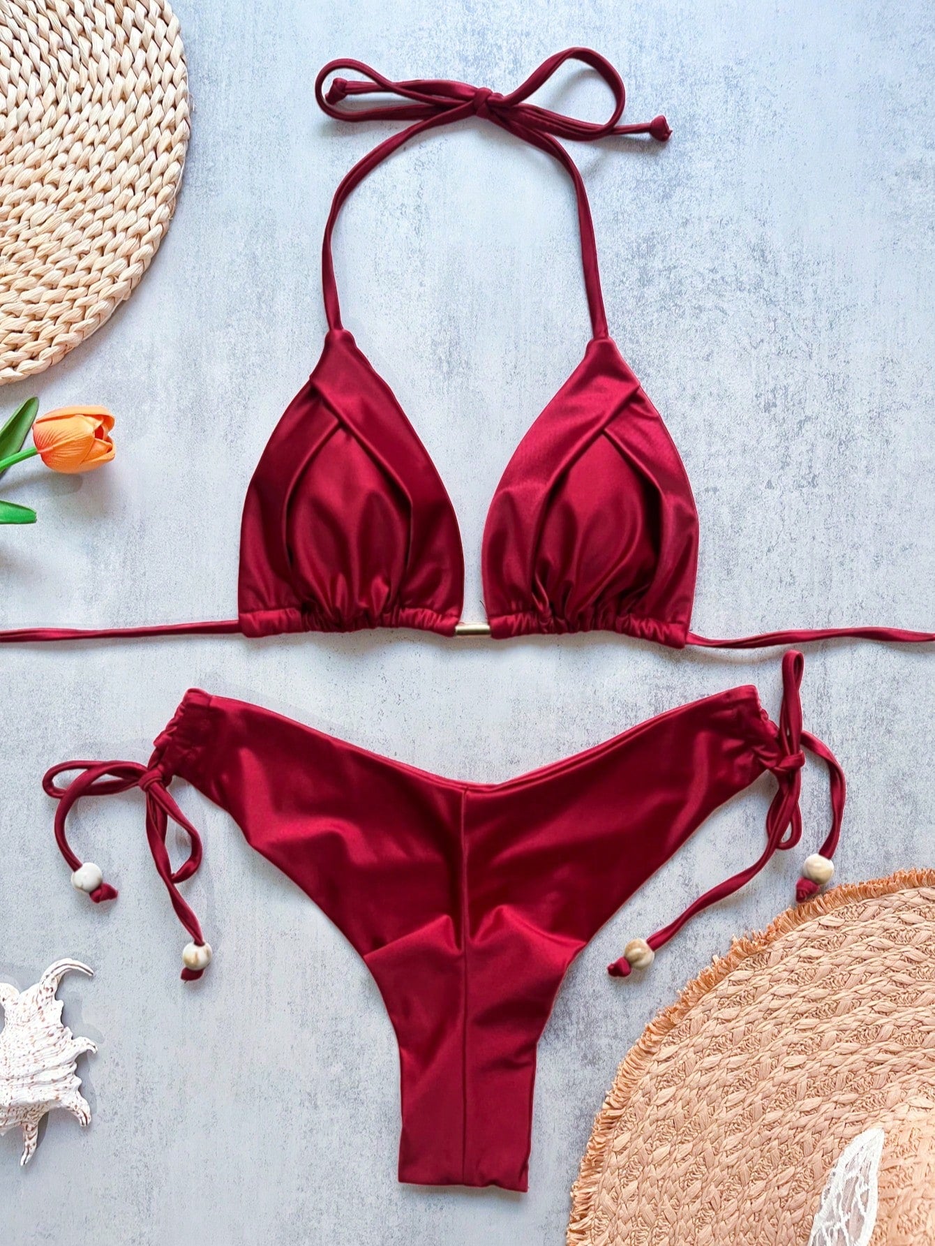 Women's Solid Color Nylon Shiny Fabric Halter Bikini Set For Vacation