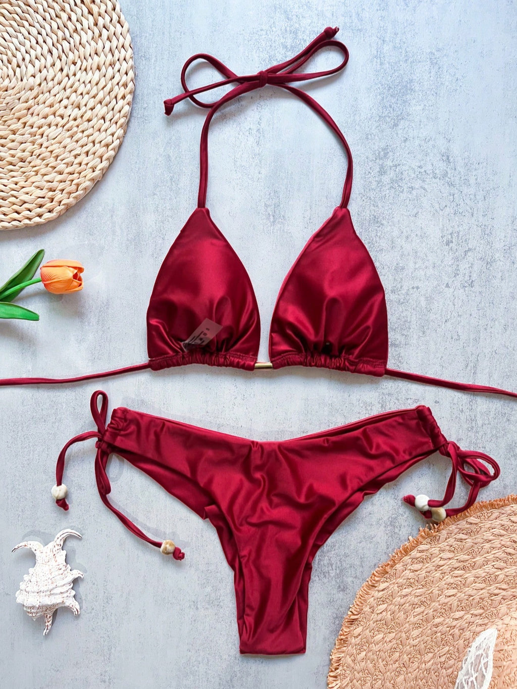 Women's Solid Color Nylon Shiny Fabric Halter Bikini Set For Vacation
