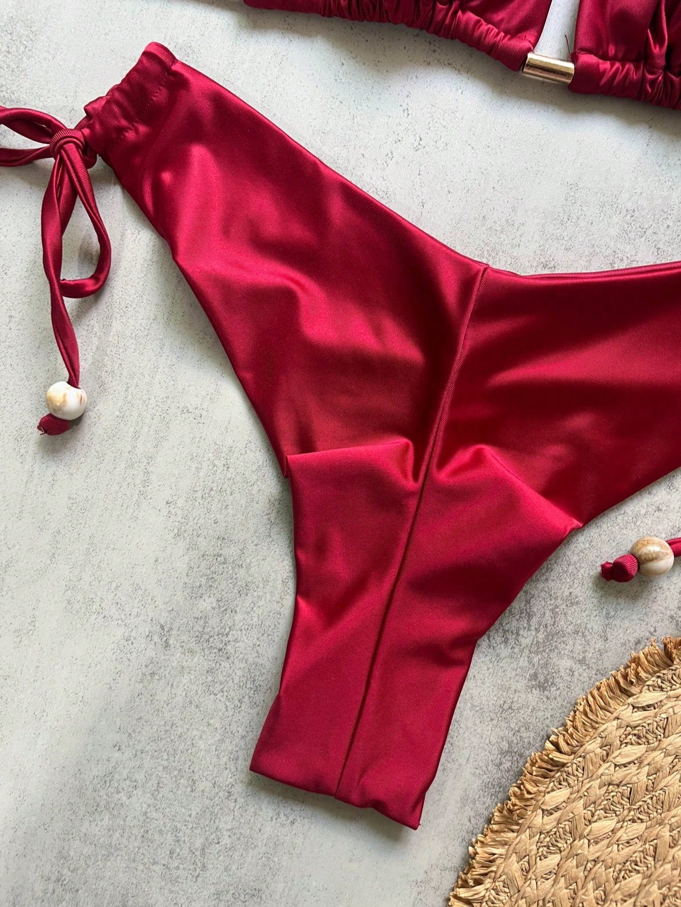 Women's Solid Color Nylon Shiny Fabric Halter Bikini Set For Vacation Beach Red Summer - image 5
