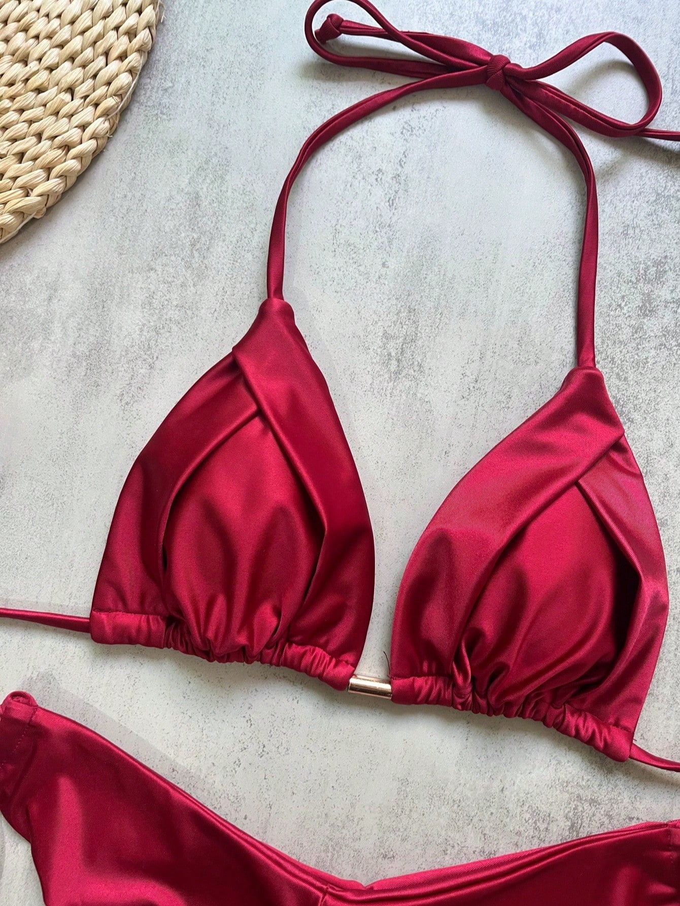 Women's Solid Color Nylon Shiny Fabric Halter Bikini Set For Vacation