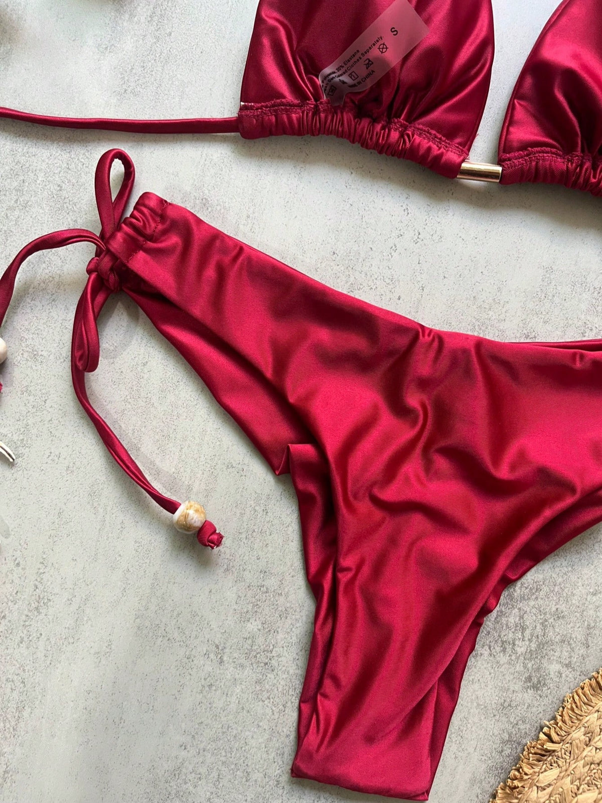 Women's Solid Color Nylon Shiny Fabric Halter Bikini Set For Vacation Beach Red Summer - image 7