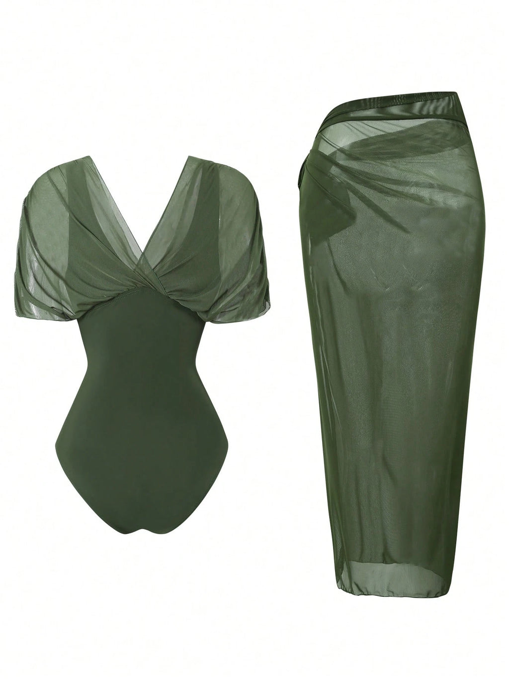 Swim Oasis 2026 New Spring/Summer Women 2pcs Solid Color Swimsuit With Mesh Maxi Dress, Beach Vacation Casual - image 2