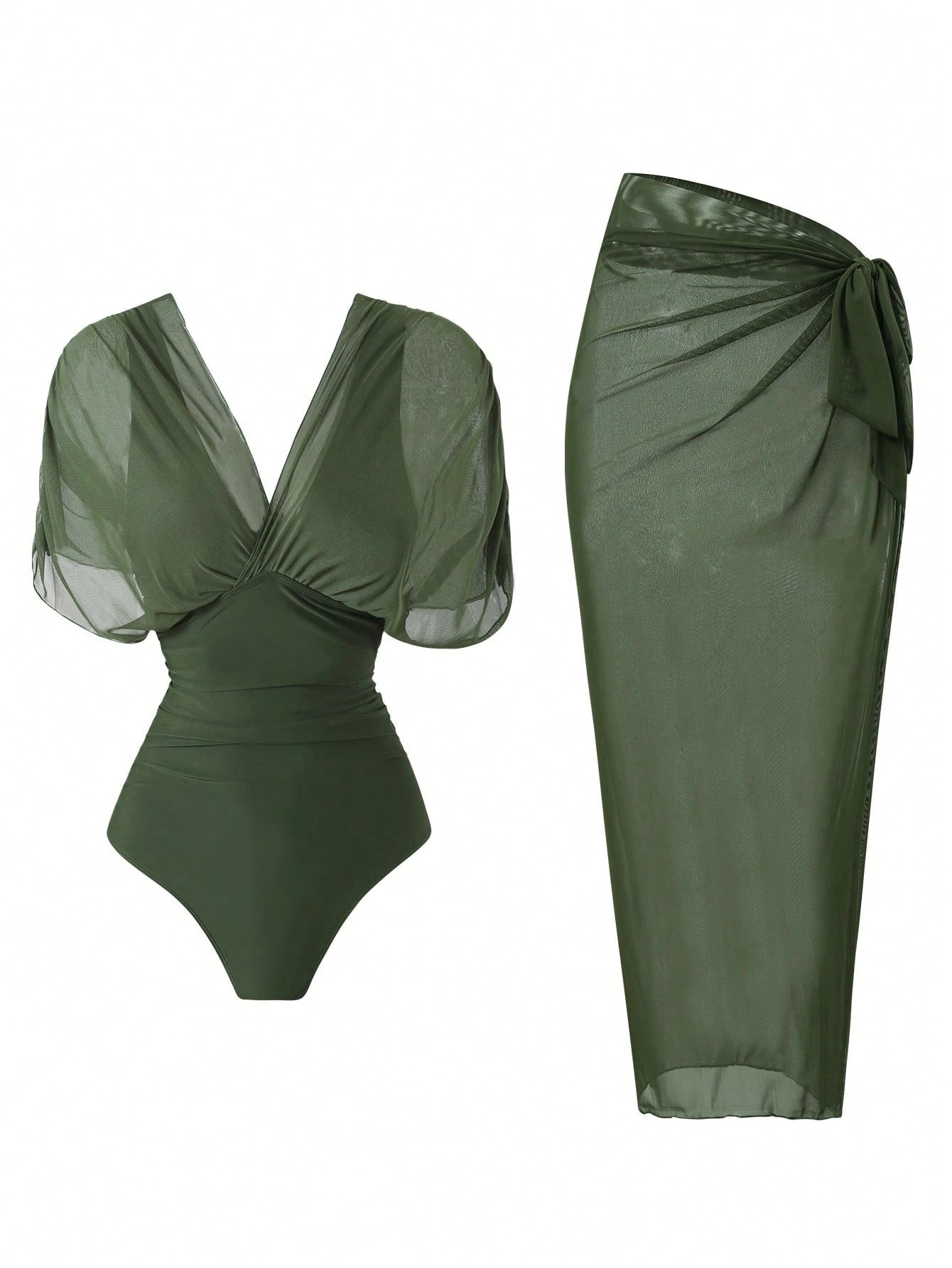 Swim Oasis 2026 New Spring/Summer Women 2pcs Solid Color Swimsuit With Mesh Maxi Dress, Beach Vacation Casual - image 7