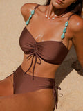 Swim Vcay Women's Solid Color Drawstring Top And Versatile Drawstring Swim Shorts 2 Pieces Swimwear,