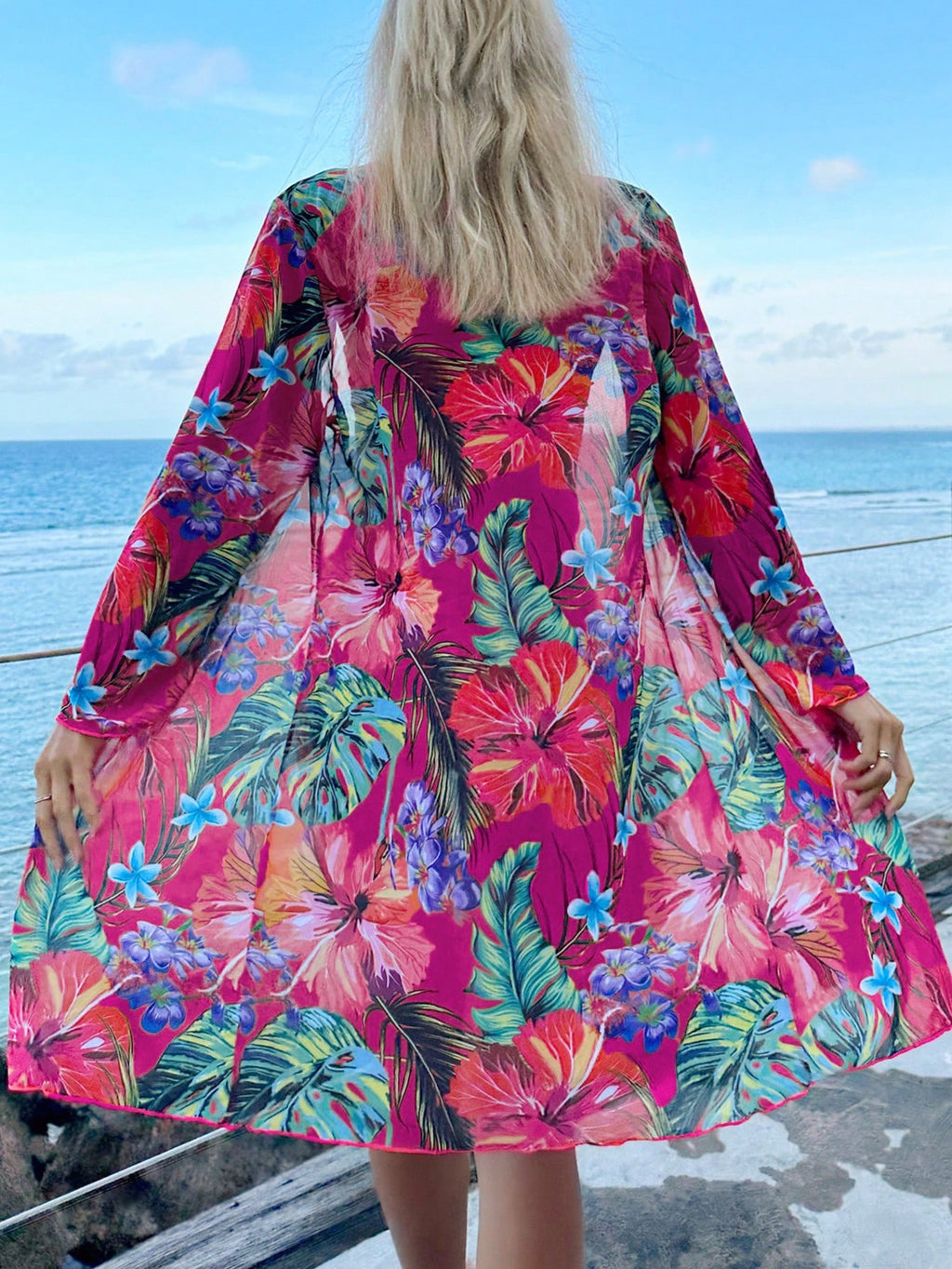 Swim Lushoire Tropical Print Push Up Bikini Set With Kimono,Summer
