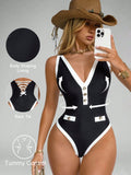 Shapewave 1pc Women's Black & White Deep V Metal Buckle One-Piece Swimsuit, Slimming Tummy Control Shapewear
