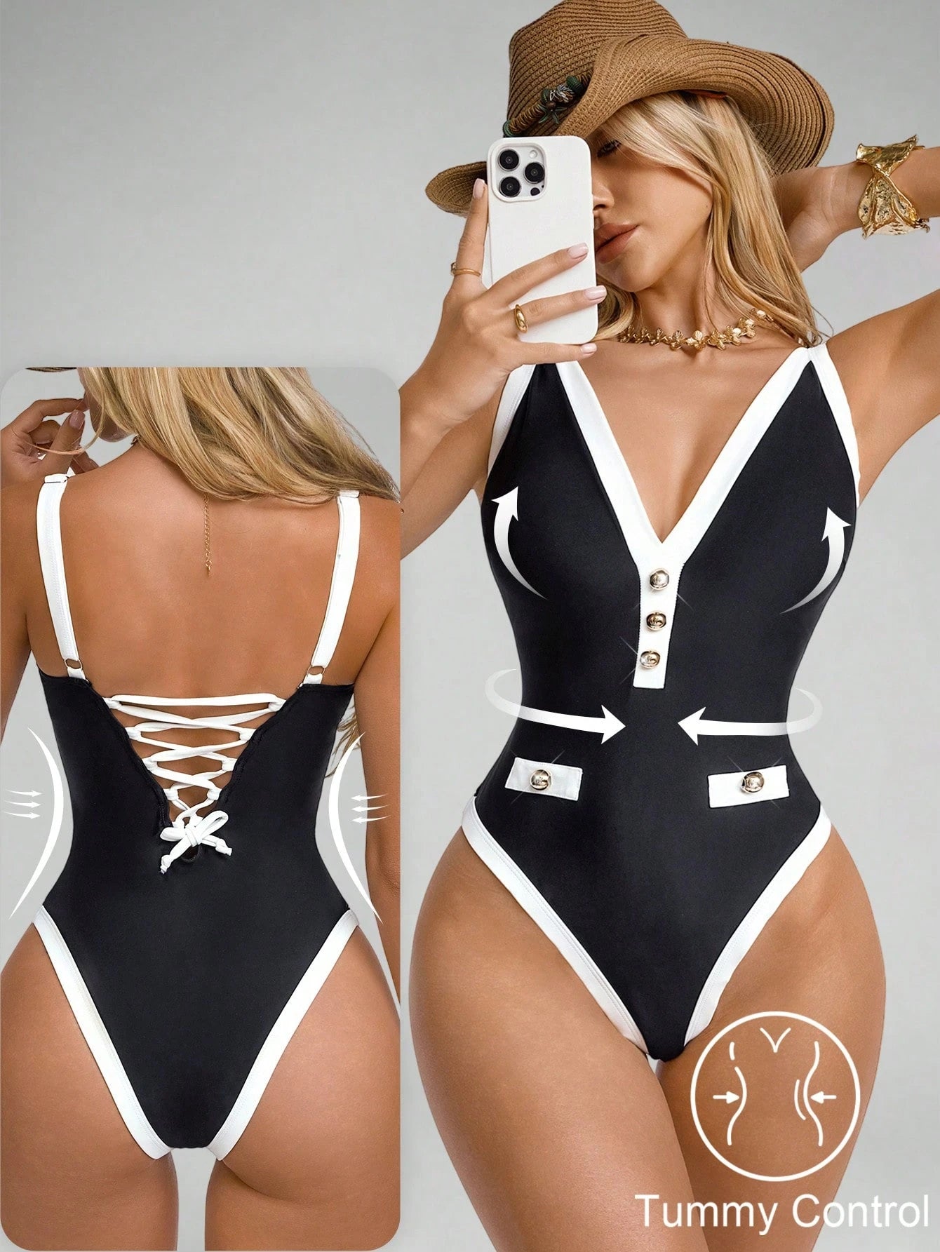 Shapewave 1pc Women's Black & White Deep V Metal Buckle One-Piece Swimsuit, Slimming Tummy Control Shapewear - image 3