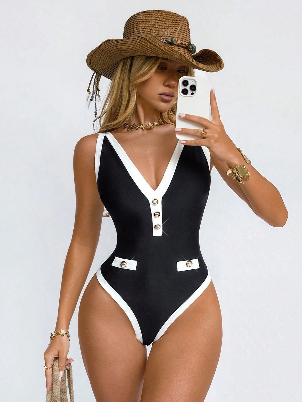 Shapewave 1pc Women's Black & White Deep V Metal Buckle One-Piece Swimsuit, Slimming Tummy Control Shapewear - image 7