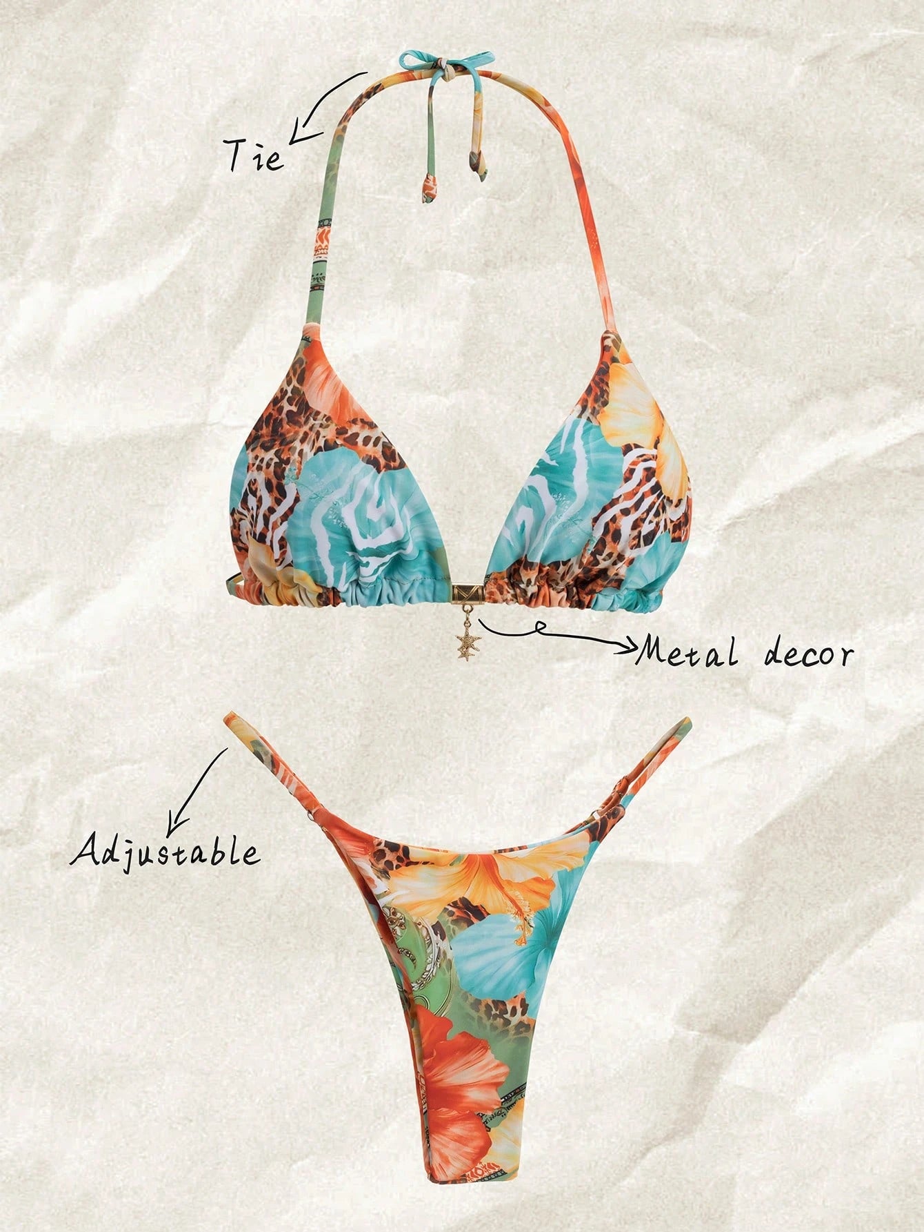 Elavelle Women's Halter Tie Back Zebra Stripe Thong Bikini Set Multicolor Fabric