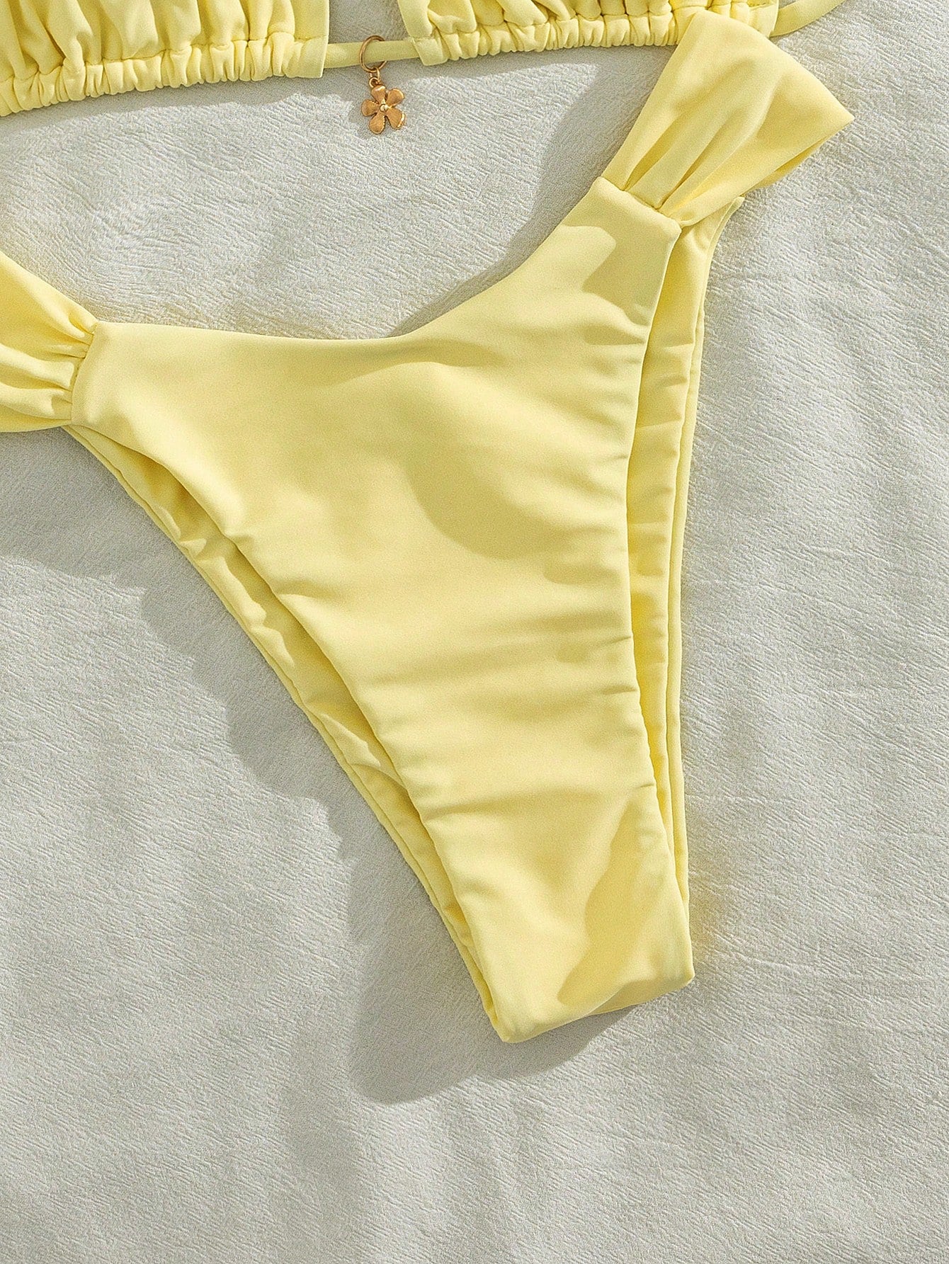 Women's Sexy Solid Yellow Bikini Set With Metal Flower Pendant,