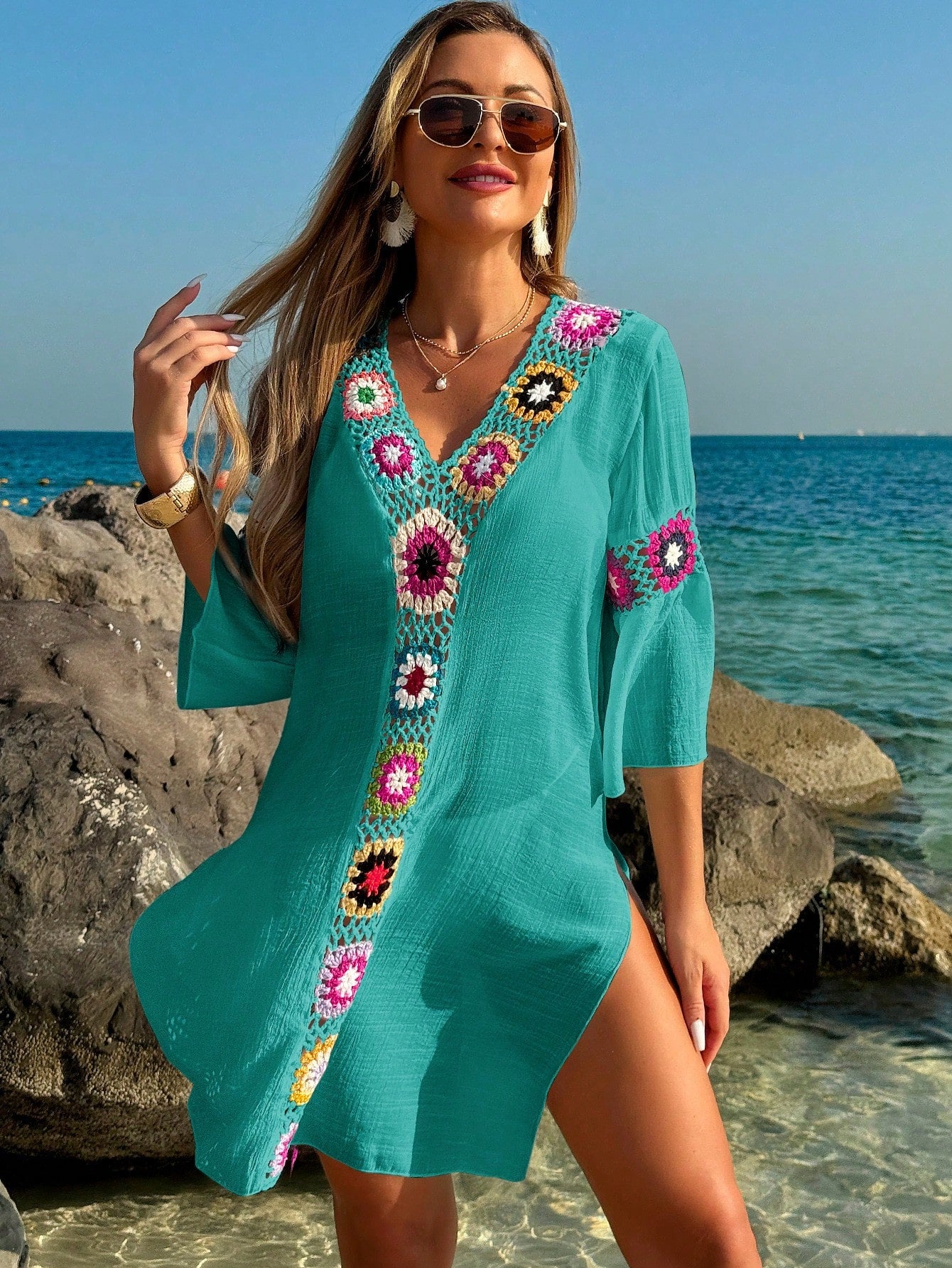 Swim Lushoire Women's V-Neck 3/4 Sleeve Crochet Floral Random Color