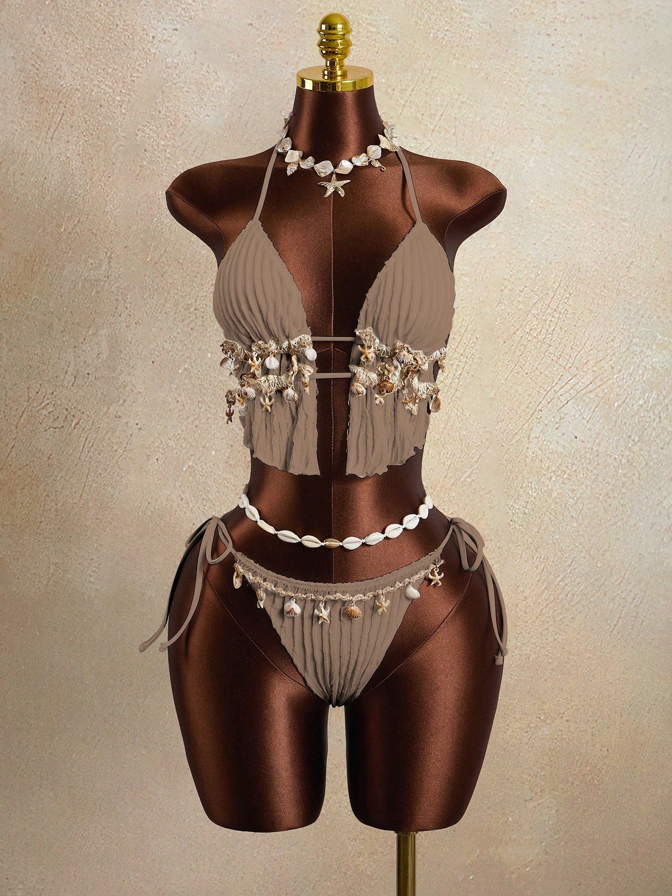 Zestiva Women's 2 Pieces Wavy Striped Shell Tape Splice Tie Neck Bikini Set, Summer,Bohemia,Boho - image 17