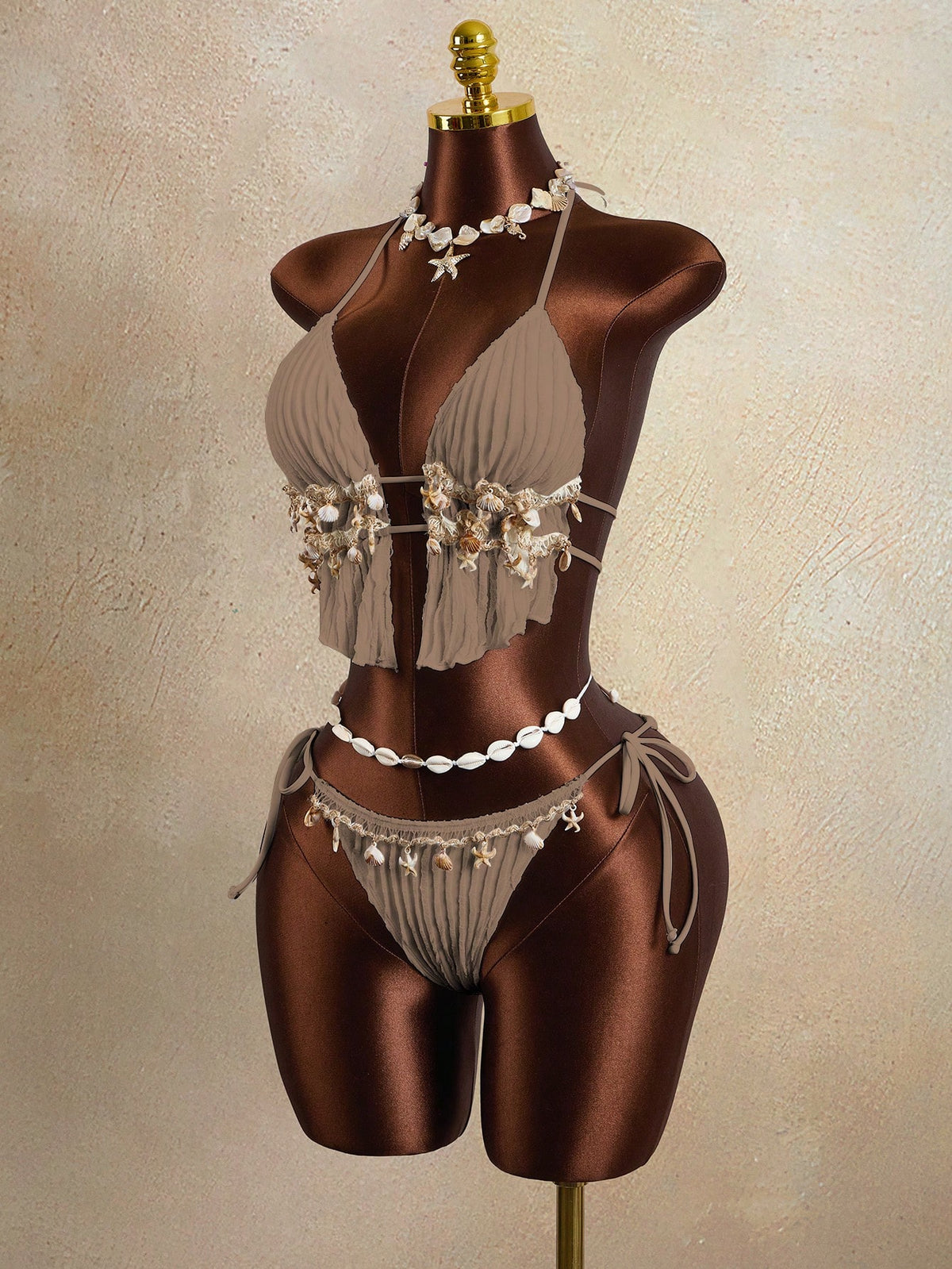 Zestiva Women's 2 Pieces Wavy Striped Shell Tape Splice Tie Neck Bikini Set, Summer,Bohemia,Boho - image 19