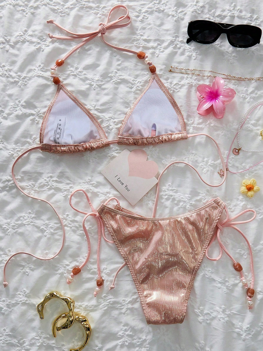 Women's Spring/Summer New Metallic Fabric Beaded Sexy Sweet 3-Piece