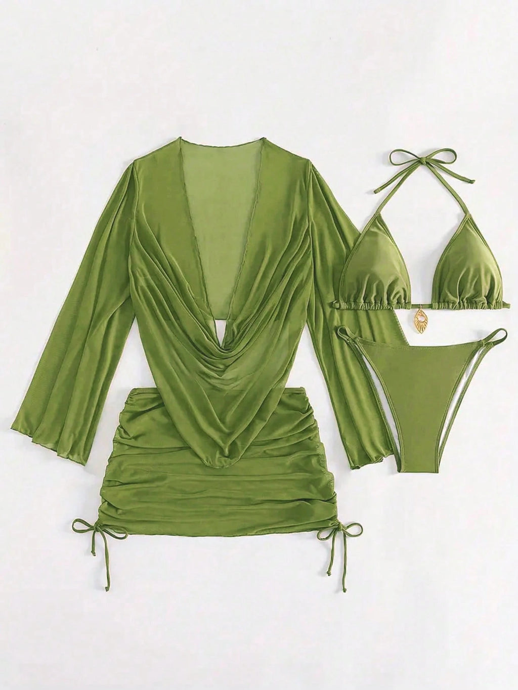 4pcs Sexy Solid Color Bikini Set With Sheer Cover-Up, Suitable For Vacation, Bea