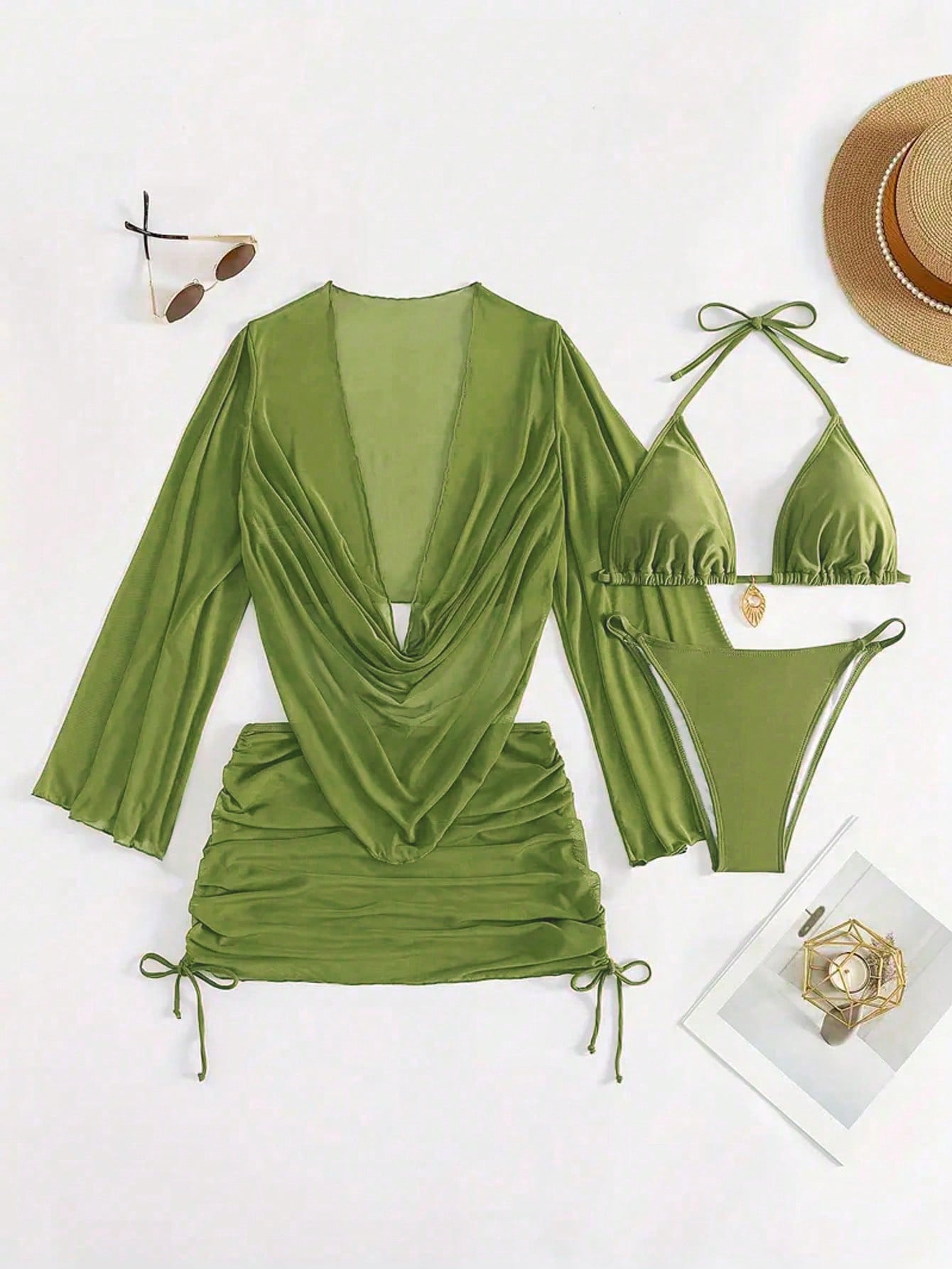 4pcs Sexy Solid Color Bikini Set With Sheer Cover-Up, Suitable For Vacation, Bea