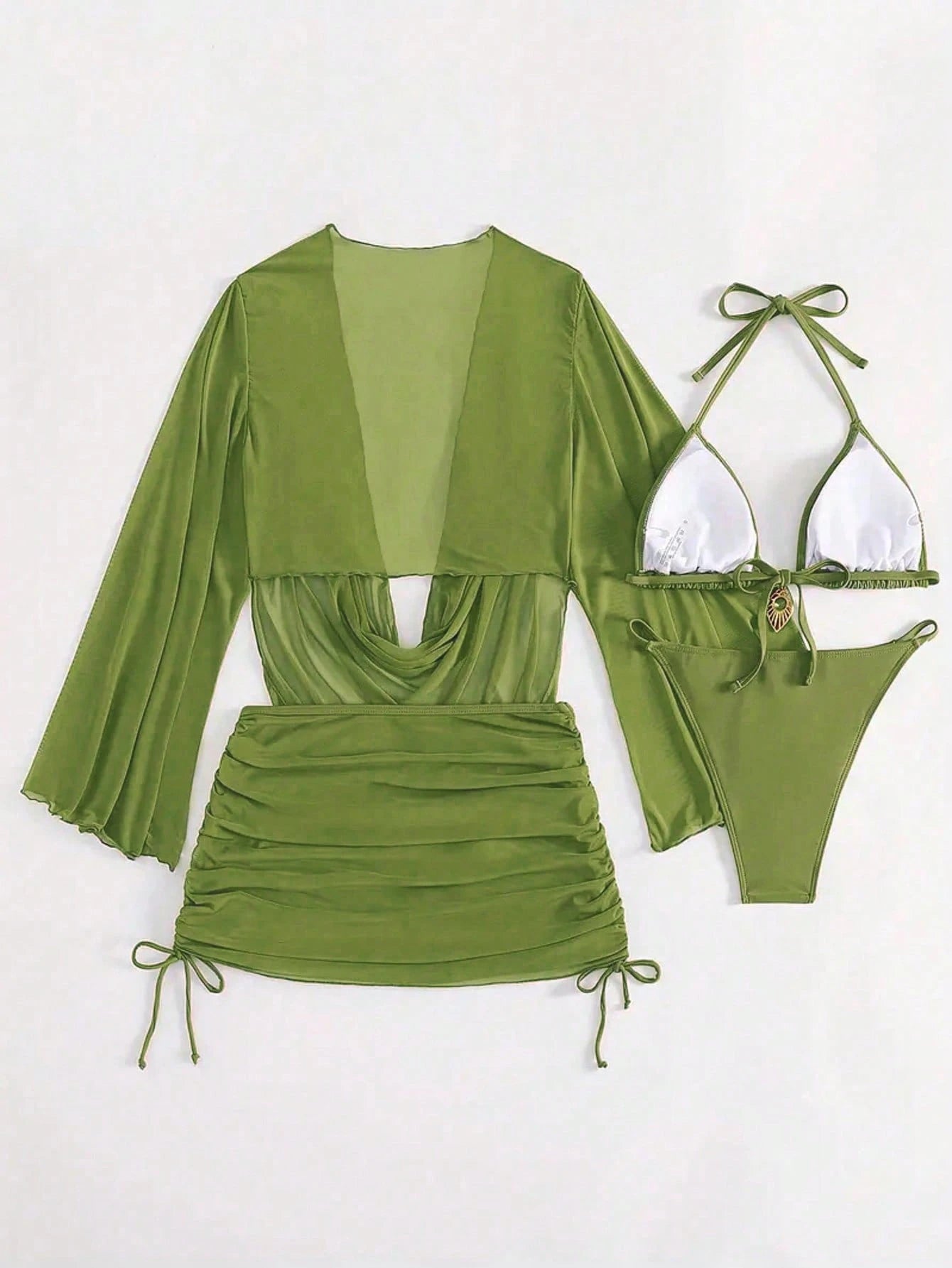 4pcs Sexy Solid Color Bikini Set With Sheer Cover-Up, Suitable For Vacation, Bea