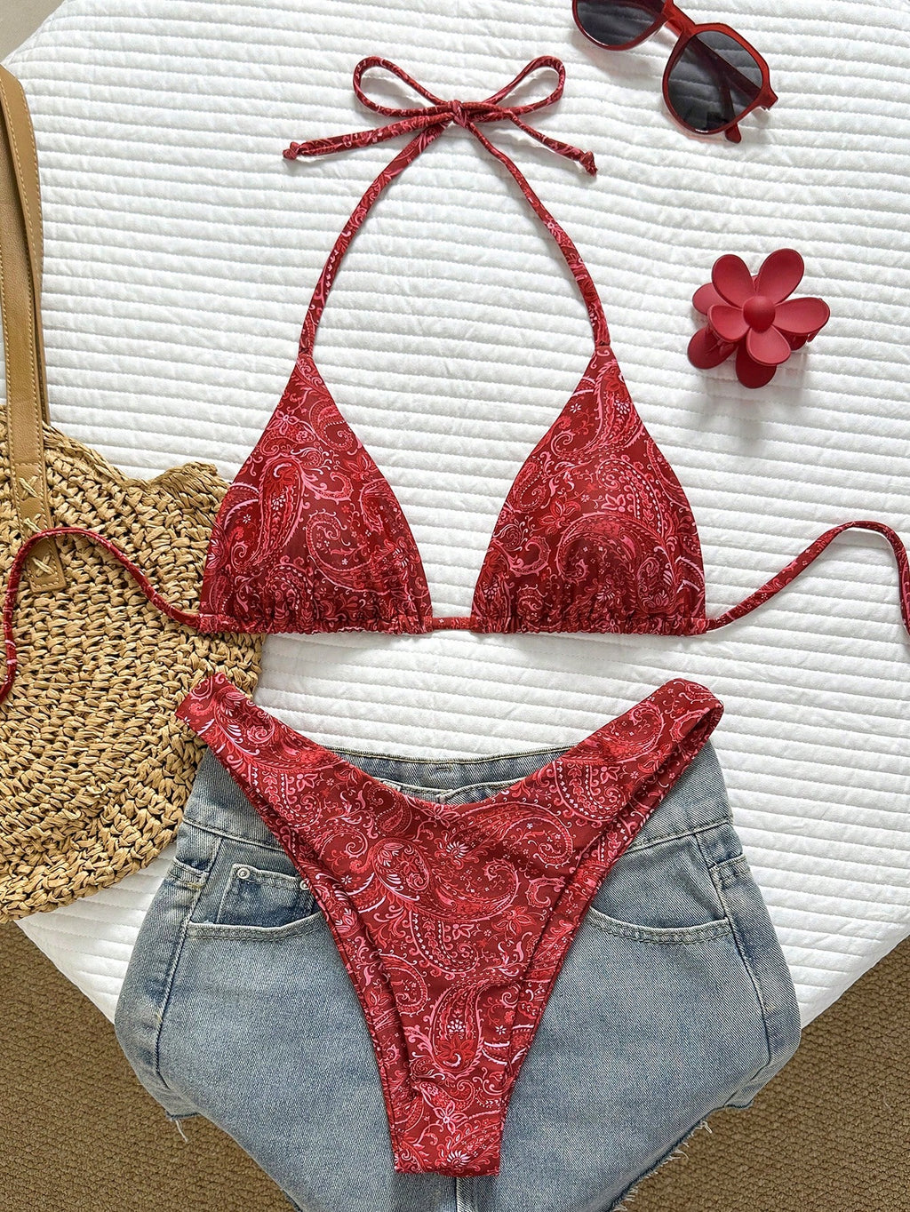 Swim Vcay Women's Tropical Print Halter Neck Bikini Set, Cute Triangle Top And B
