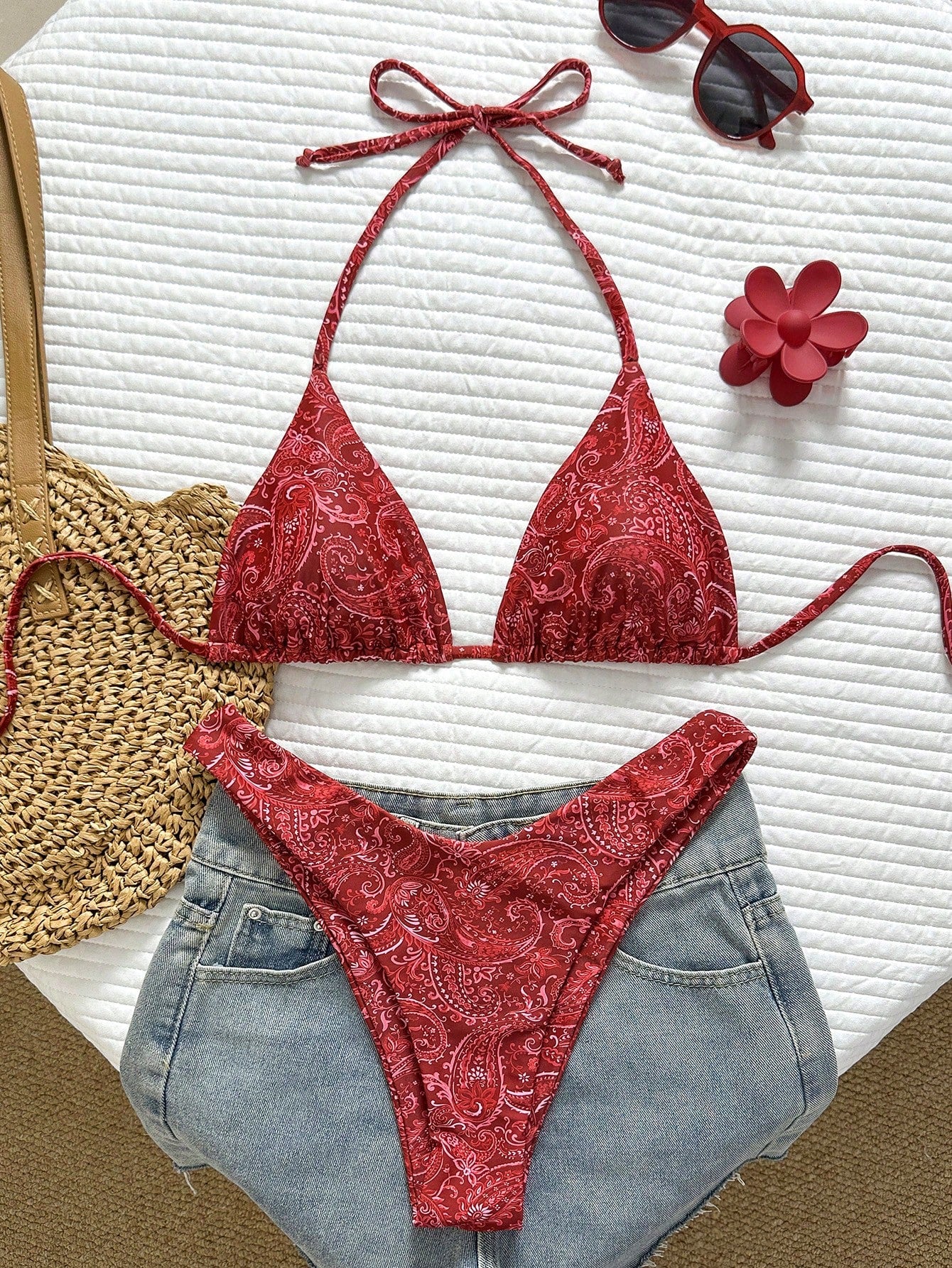 Swim Vcay Women's Tropical Print Halter Neck Bikini Set, Cute Triangle Top And B