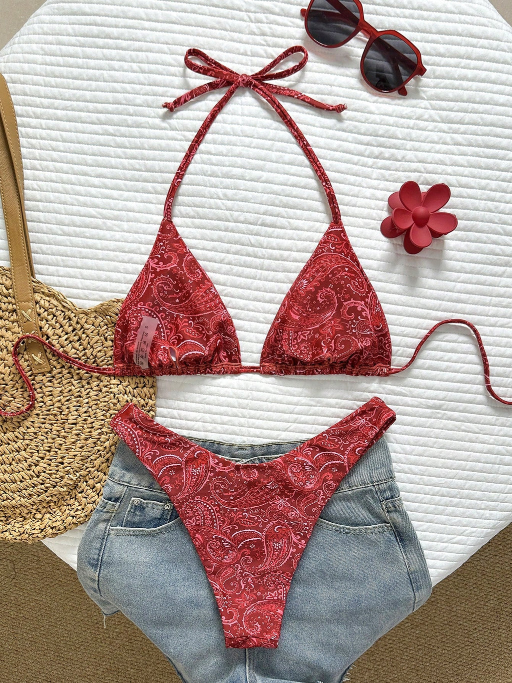 Swim Vcay Women's Tropical Print Halter Neck Bikini Set, Cute Triangle Top And B