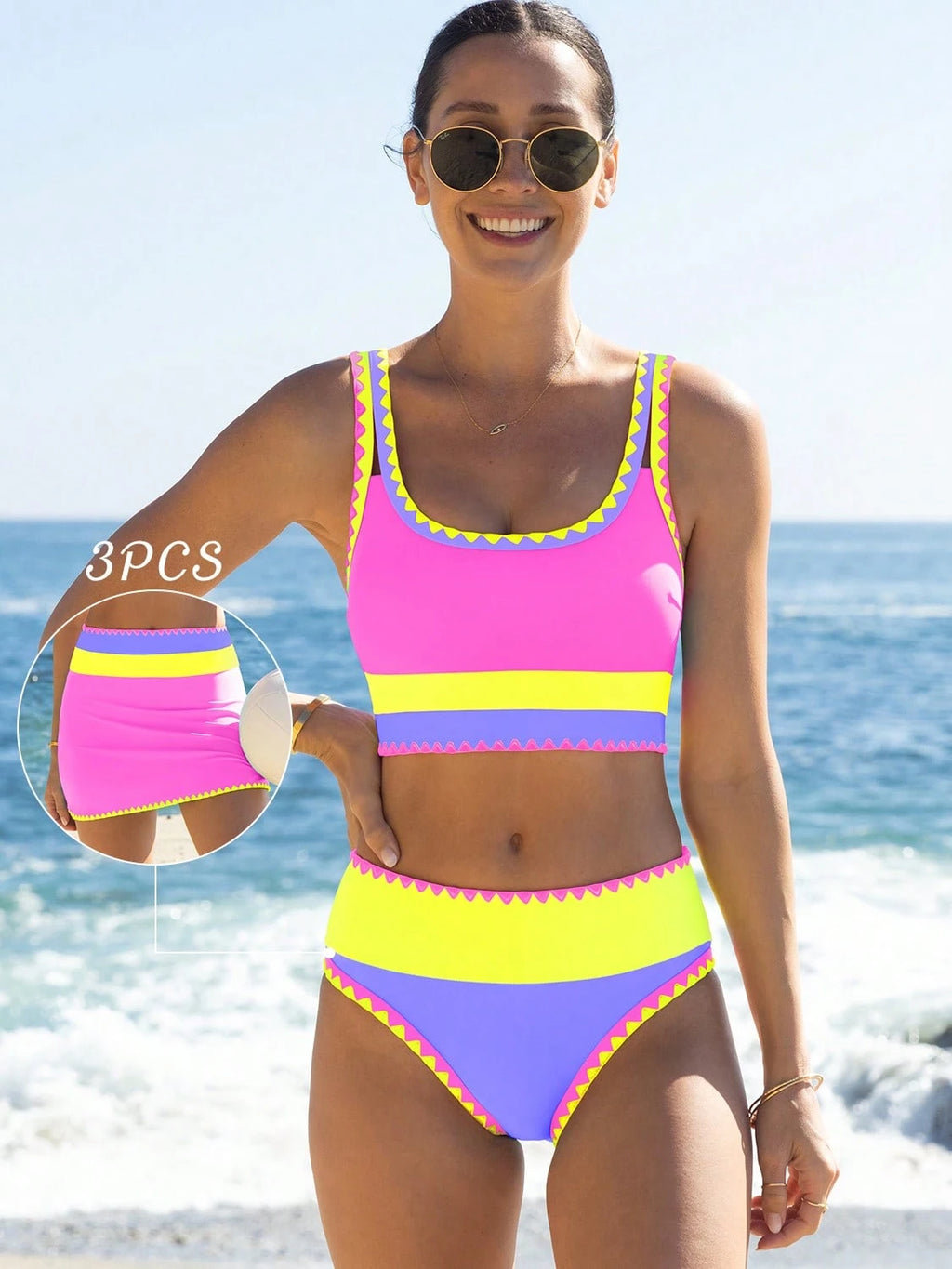 popvil Women Sporty Color-Blocked Shell Trim Bikini Three Pieces Set