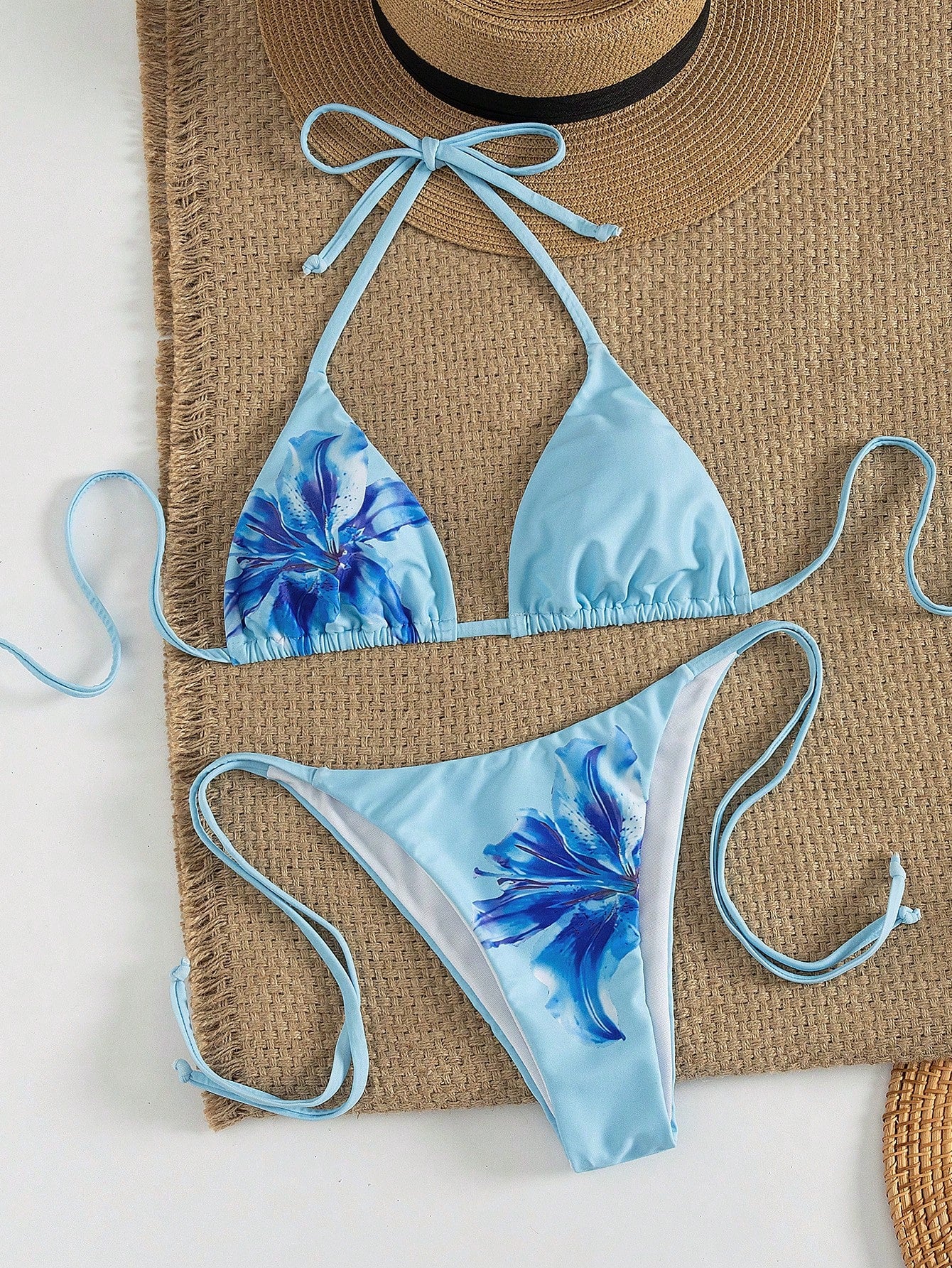 Women's Sexy Floral Halter Backless High Elasticity Bikini Set,