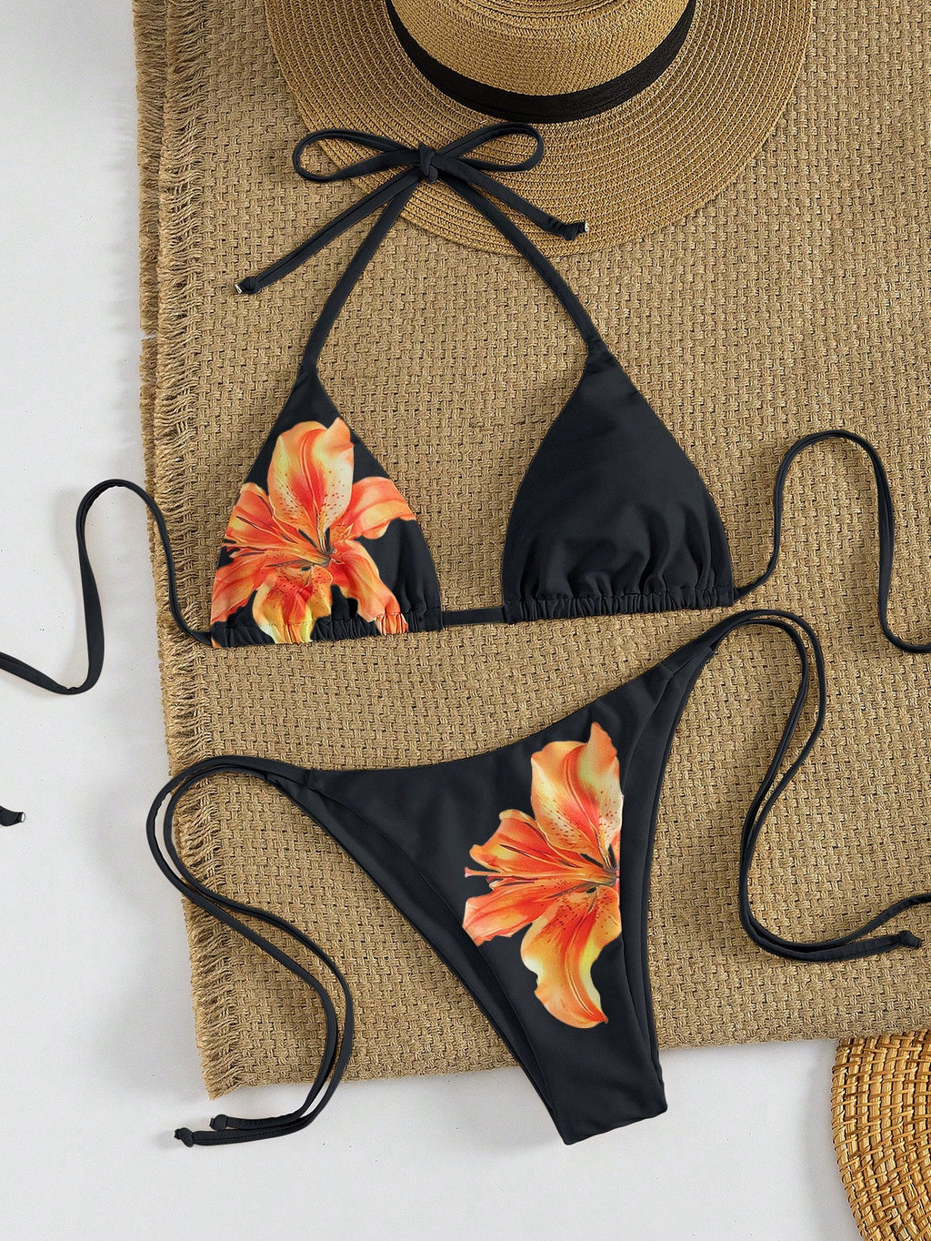 Women's Sexy Floral Halter Backless High Stretch Bikini Set, Perfect