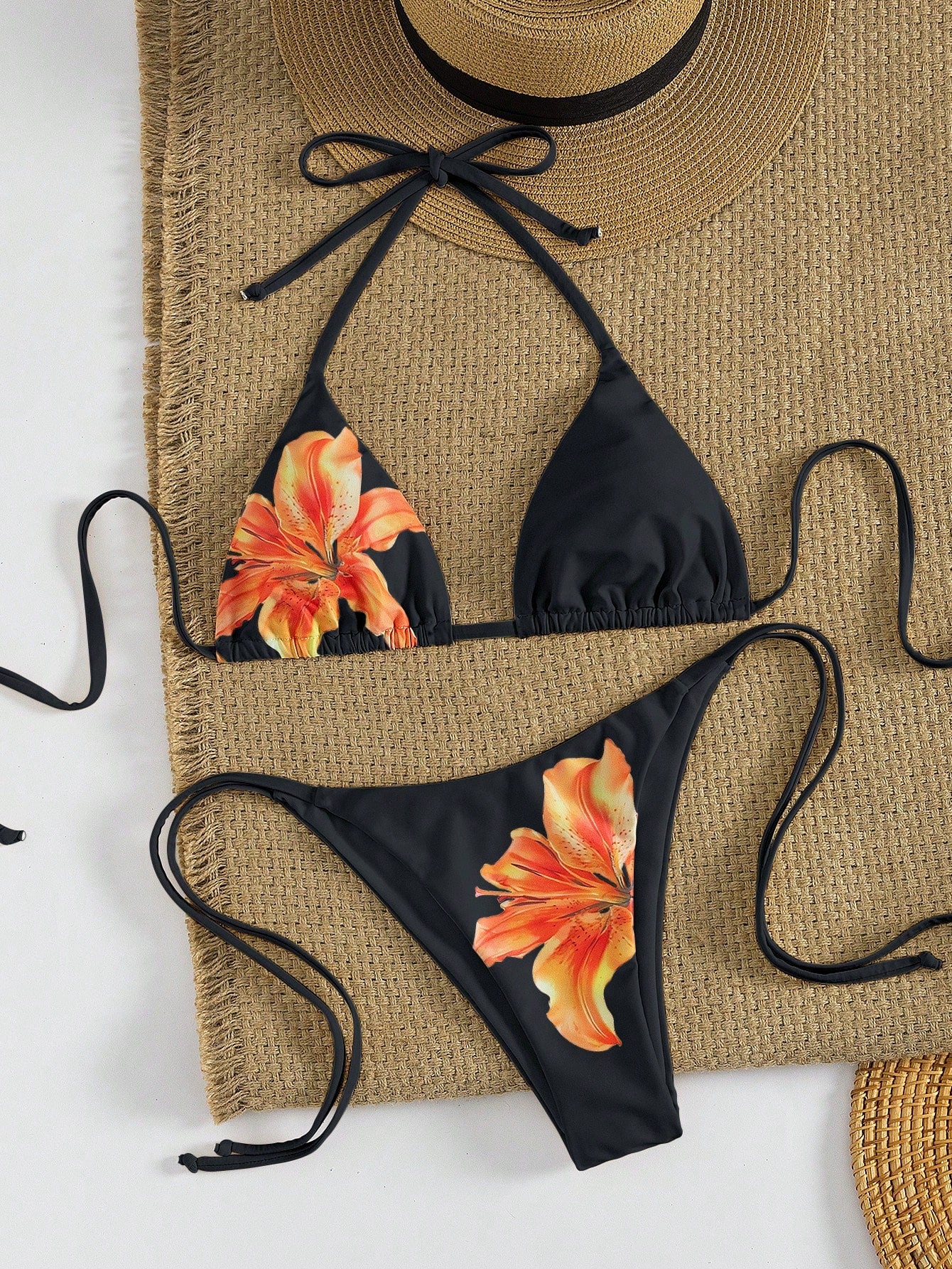 Women's Sexy Floral Halter Backless High Stretch Bikini Set, Perfect