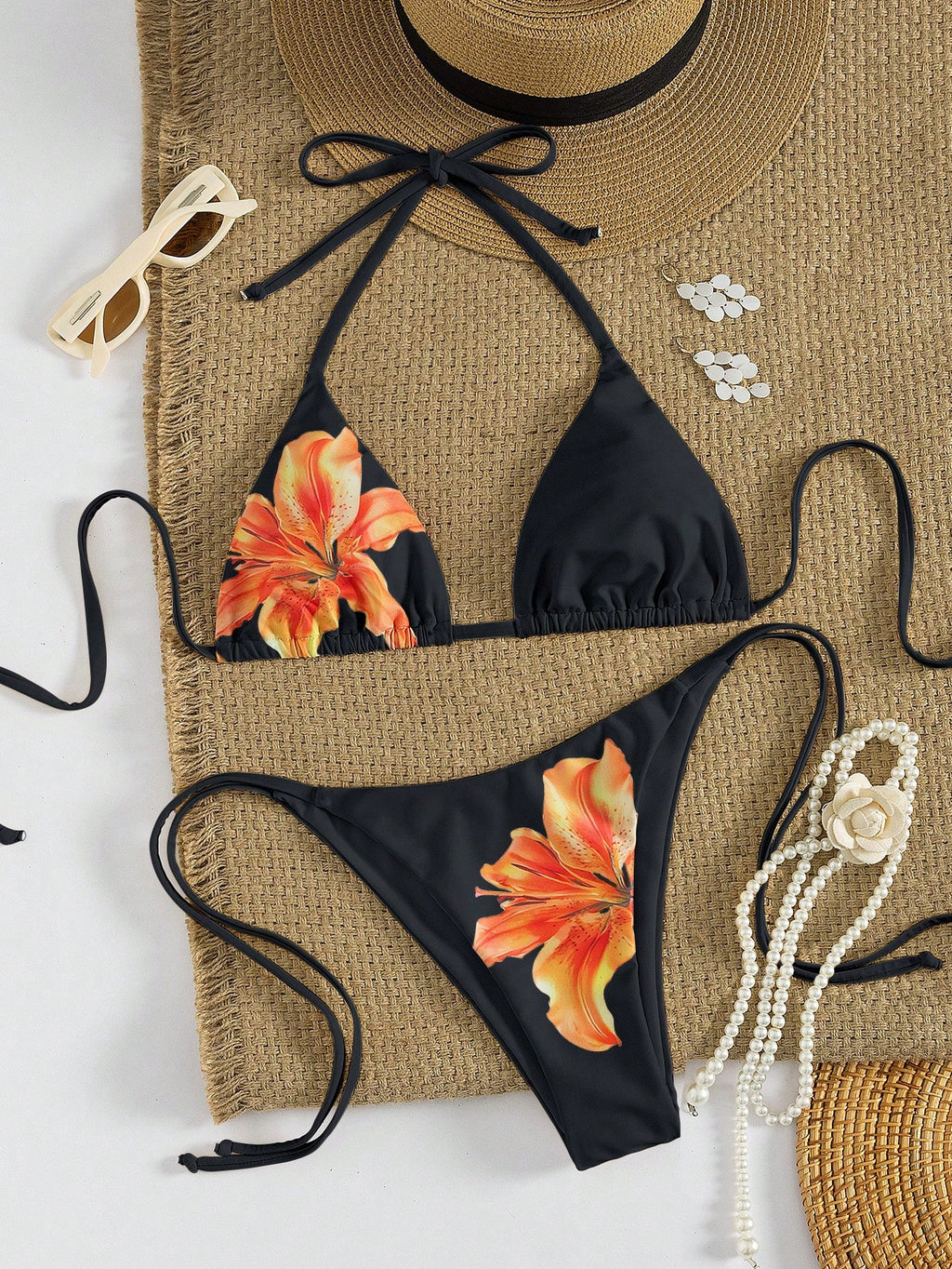 Women's Sexy Floral Halter Backless High Elasticity Bikini Set,
