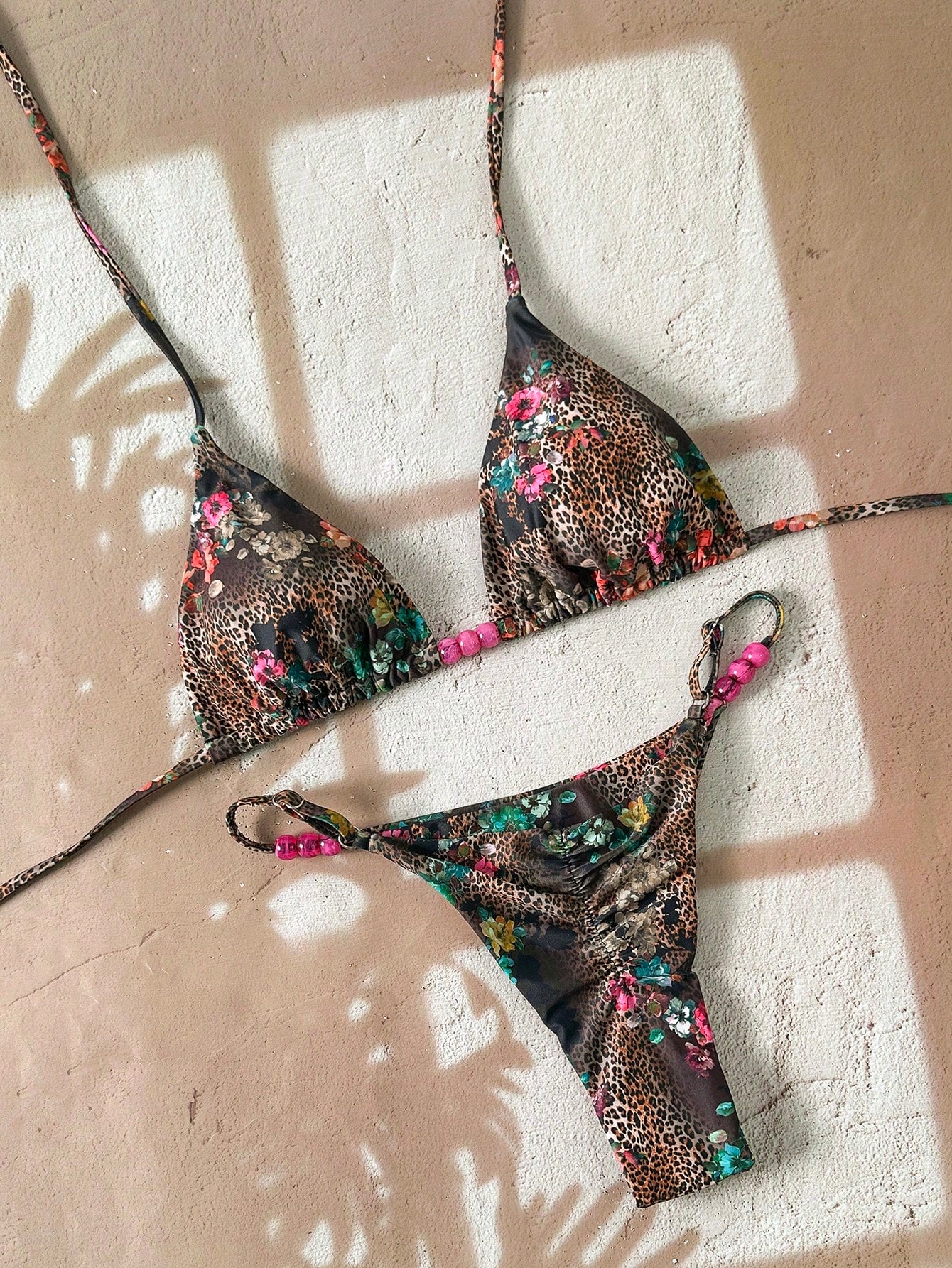 Swim Mod Multicolor Fabric Tropical Halter Bikini Set Knot Tie Side