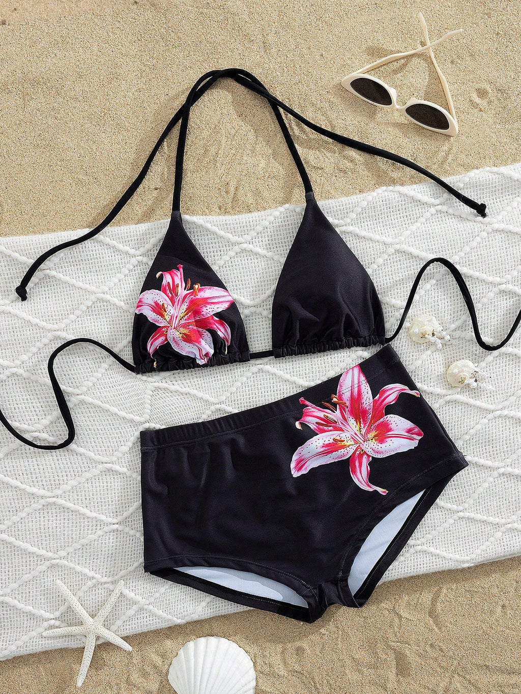 PEPPERMOLLY Fashionable Floral Swimwear: Black Backless Bikini Top +